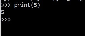 Python interactive shell showing `print(5)` and the output `5`.