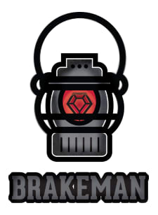 Brakeman logo featuring a stylized black-and-gray mechanical device with a red center above bold text reading “BRAKEMAN”