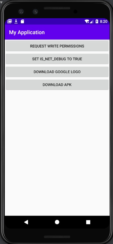 Android app screen titled “My Application” with buttons for write permissions, debug settings, downloading a Google logo, and downloading an APK.