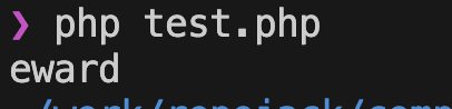 Terminal window showing the command “php test.php” and partially visible output below