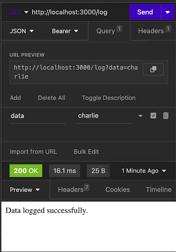 API client showing a POST request to log data and a successful “Data logged successfully” response