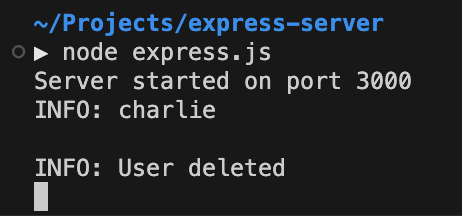 Terminal showing a Node.js Express server starting on port 3000 and logging user deletion activity