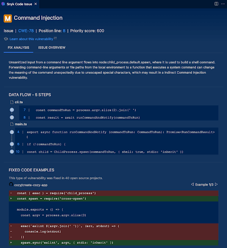 Snyk shows command injection data flow and fixed code examples.