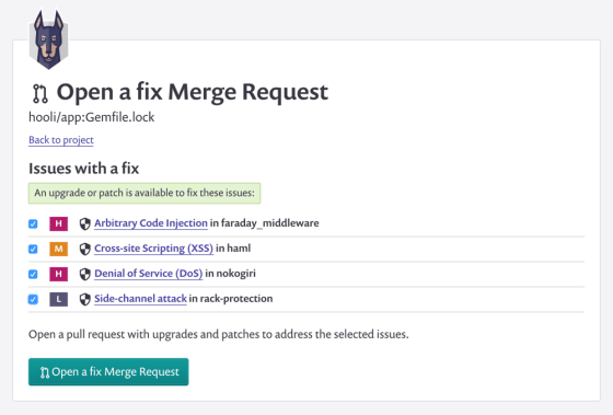 A screenshot of opening a merge request in Snyk