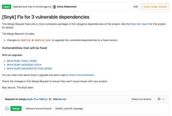 A screenshot of a GitLab Merge Request that fixes a vulnerability