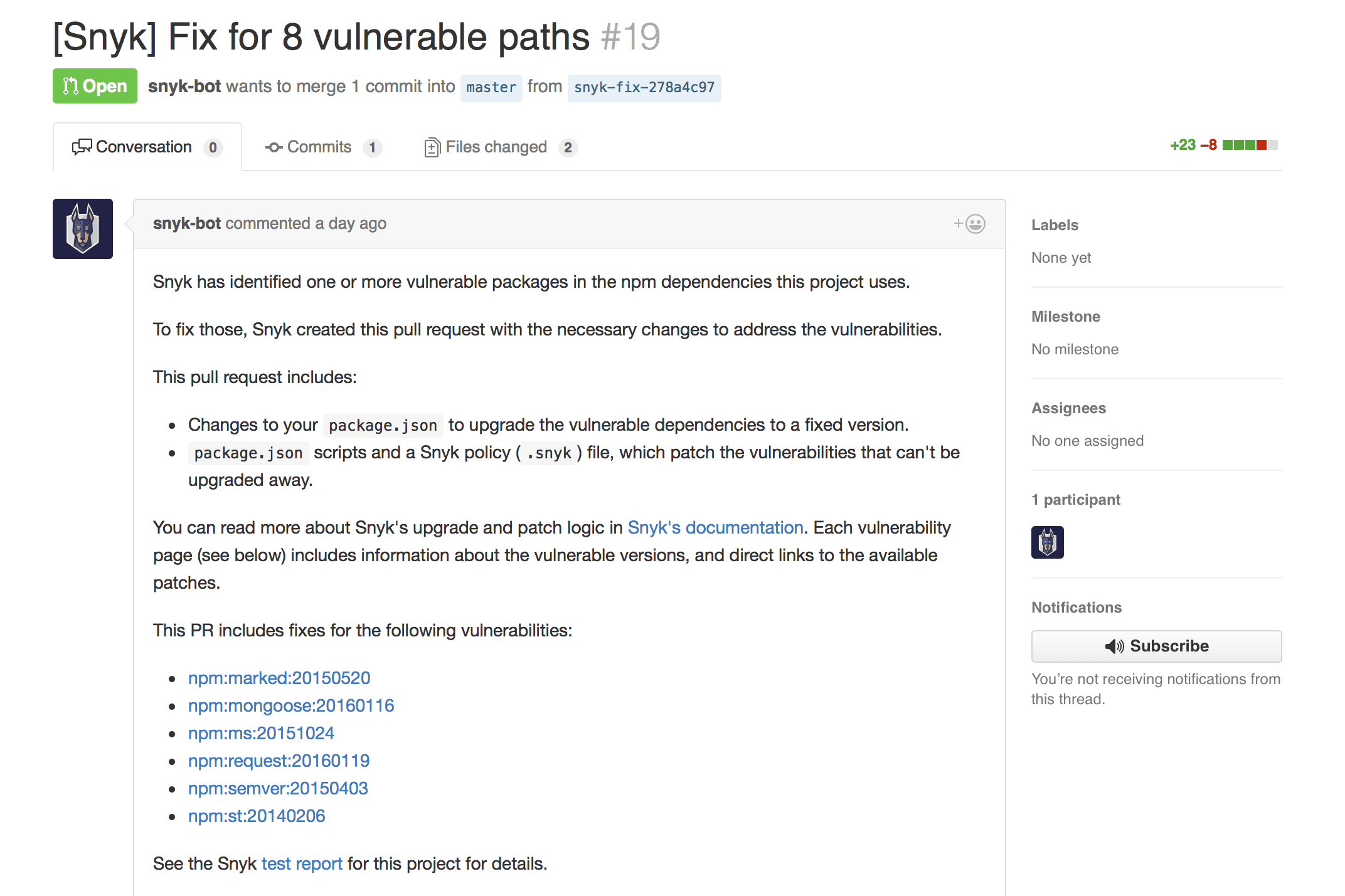 Snyk generated remediation Pull Request