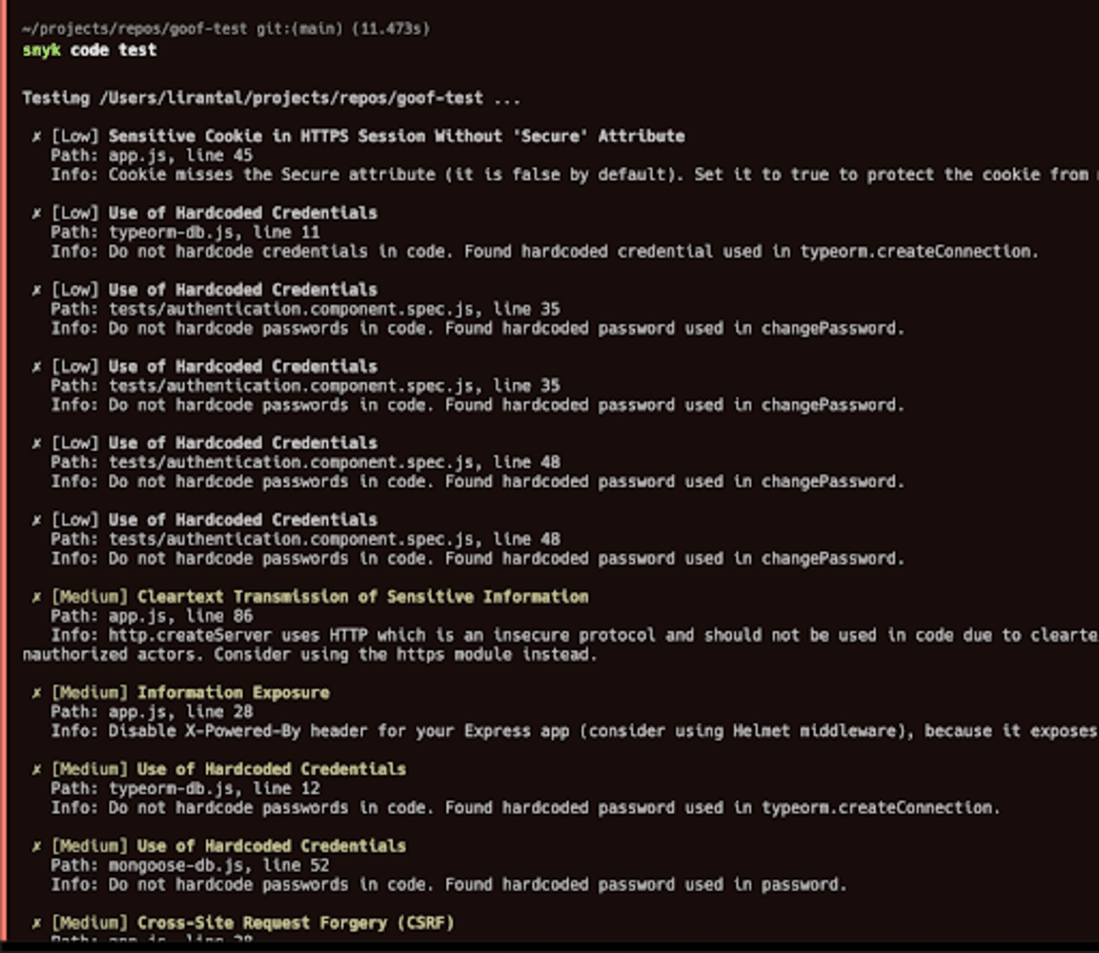 Snyk Code finding vulnerabilities in your own JavaScript and Node.js project and displays them with the Snyk CLI output