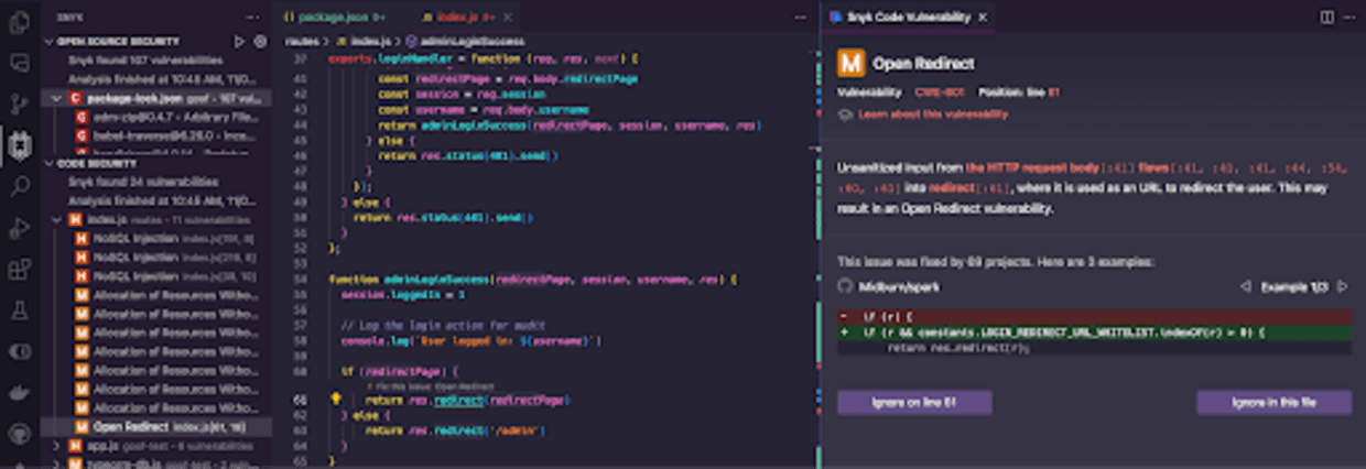 Snyk VS Code extension finds open redirect vulnerability in the IDE while writing Node.js Express route handler code