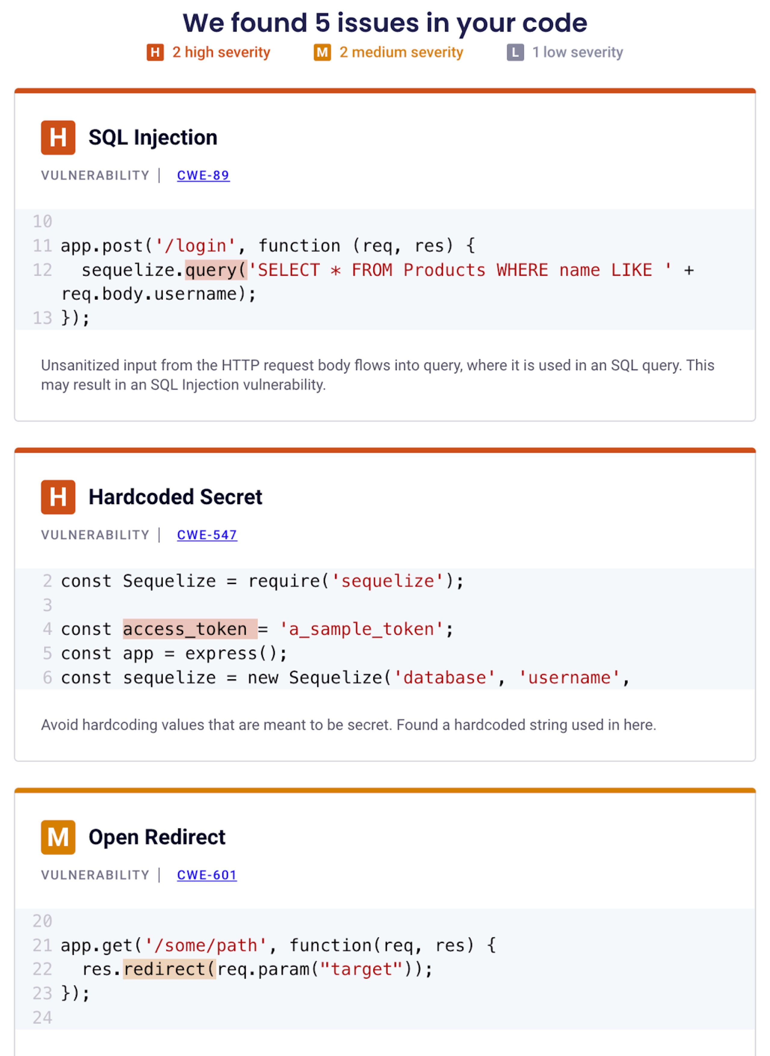 Snyk Code Checker findings for static code analysis that finds security vulnerabilities using Snyk.