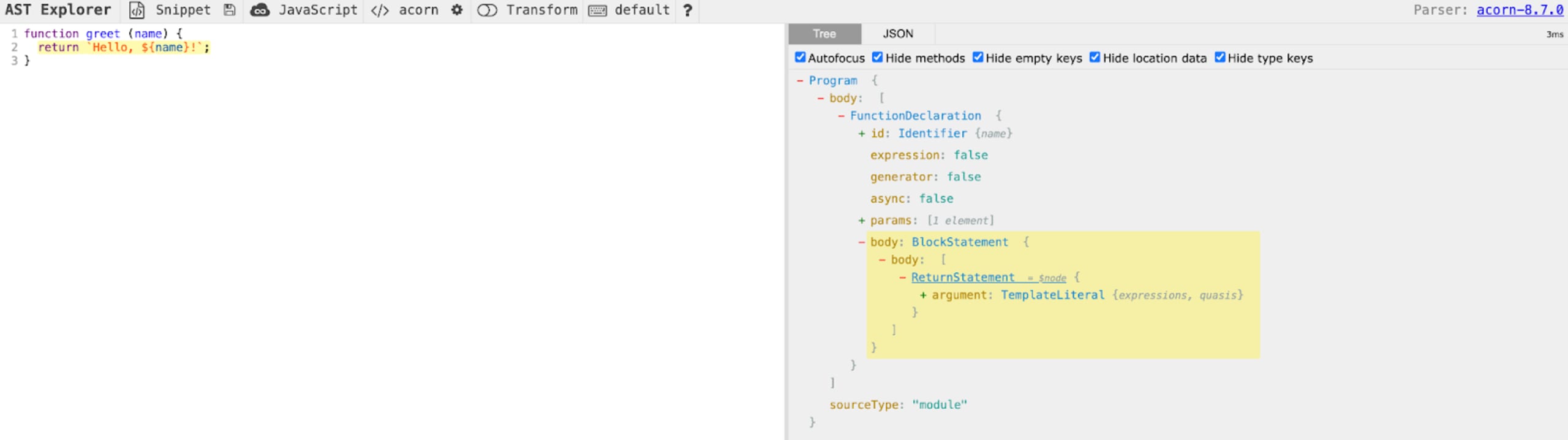 The ASTExplorer web tool to understand abstract syntax tree and static analysis in JavaScript code.