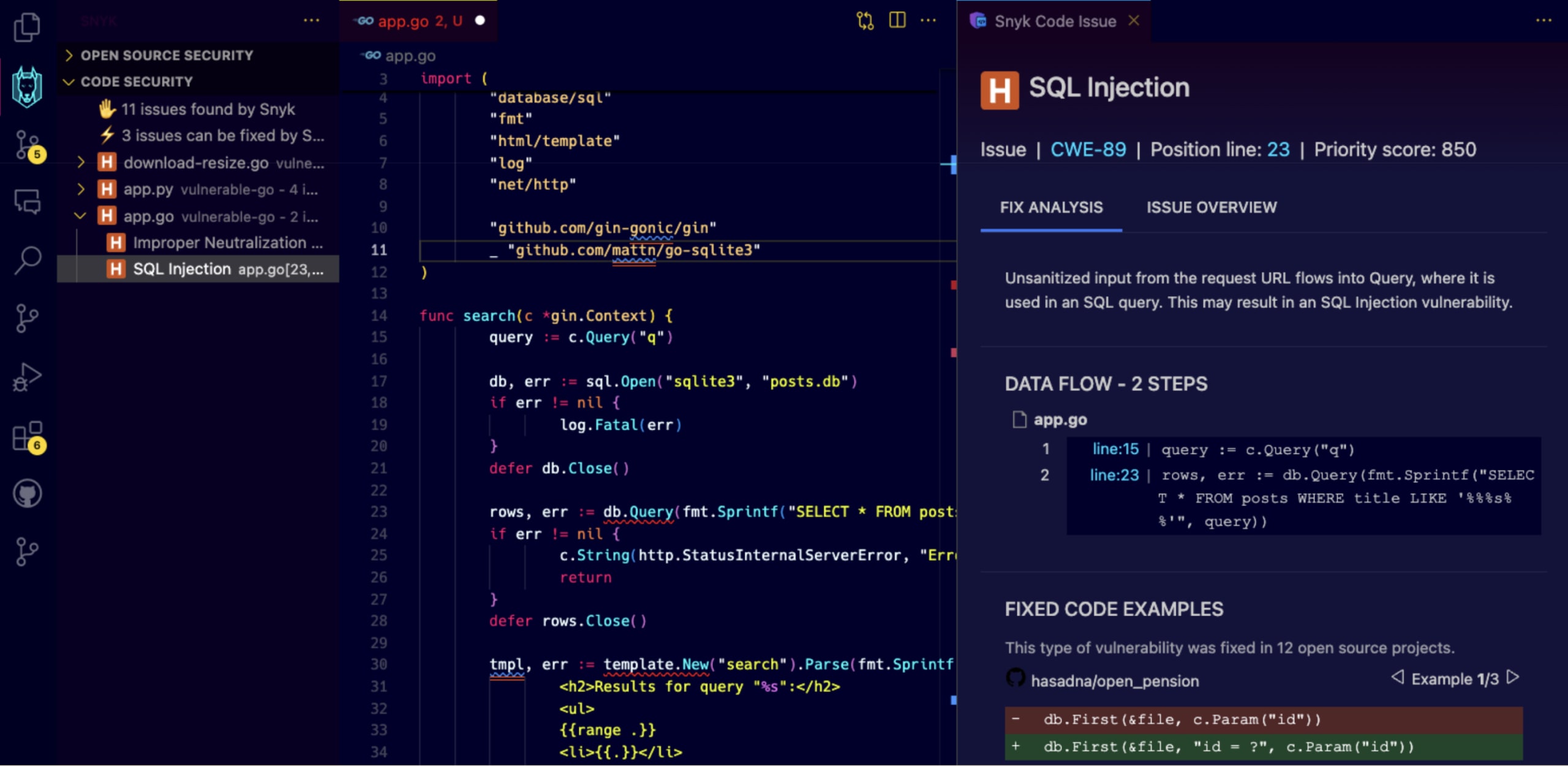Snyk Code finds SQL Injection and SSTI in Golang web application code