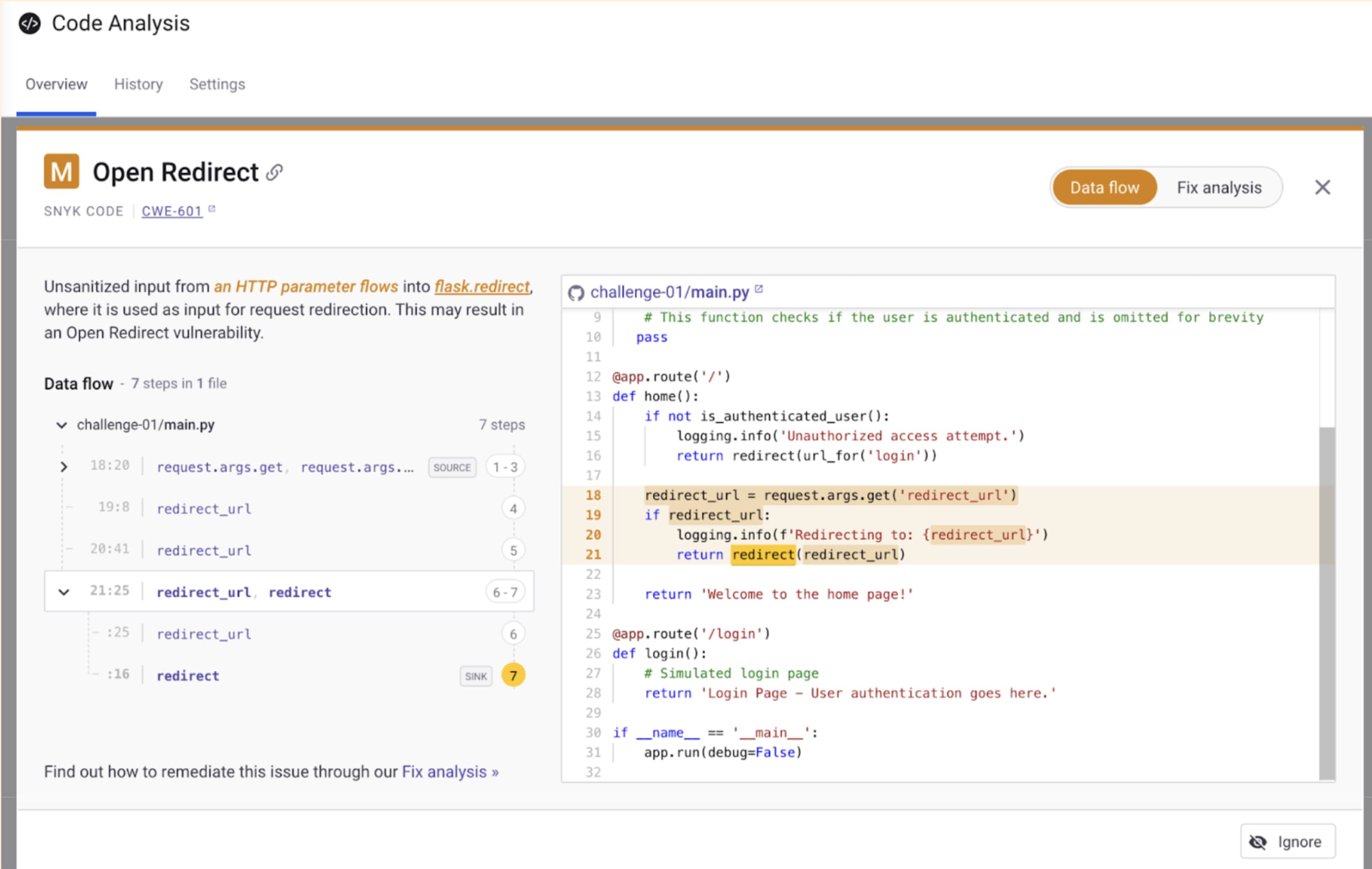 Snyk Code finds open redirect vulnerability in Python Flask application