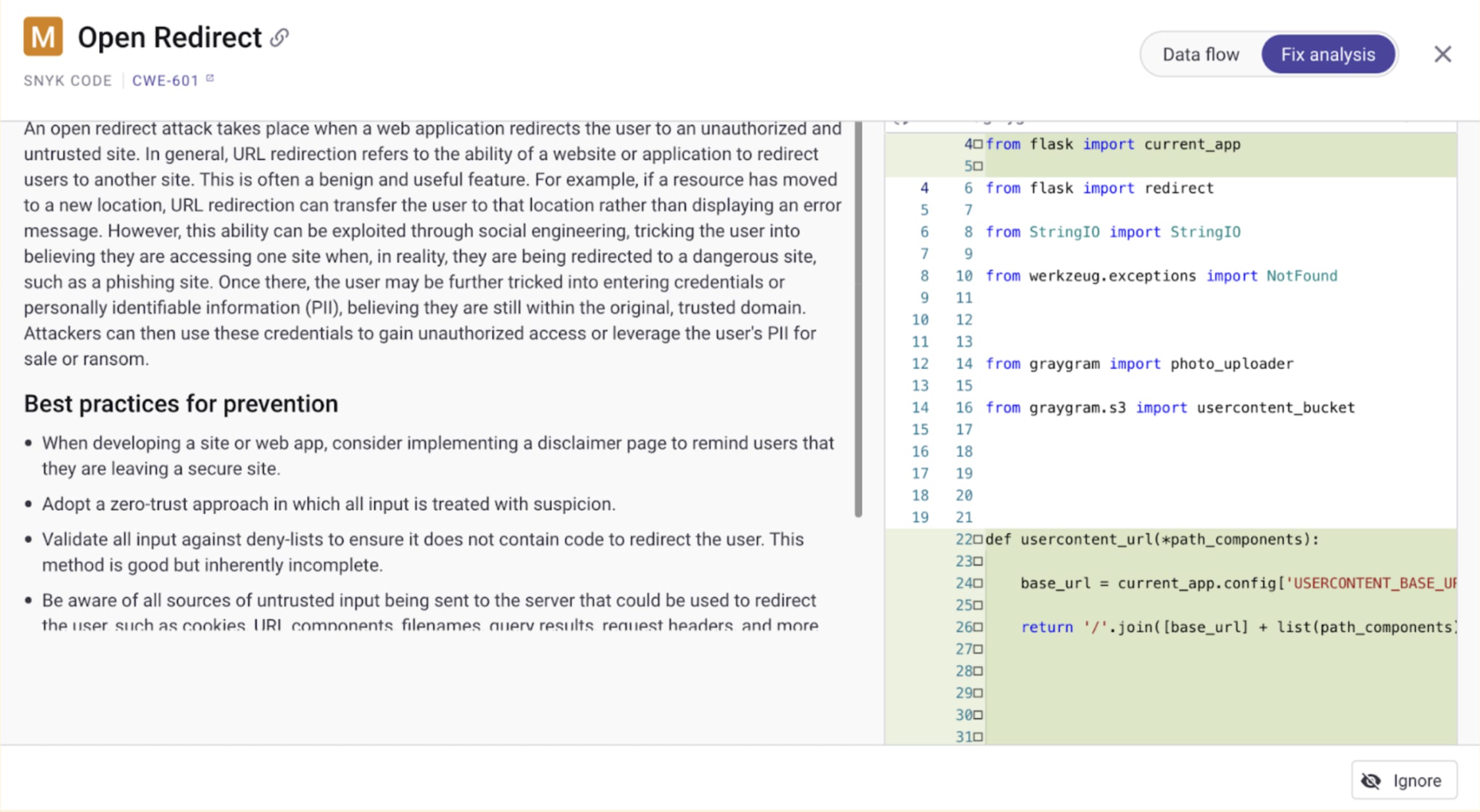 Snyk fix analysis suggests code fixes to remediate the security vulnerability