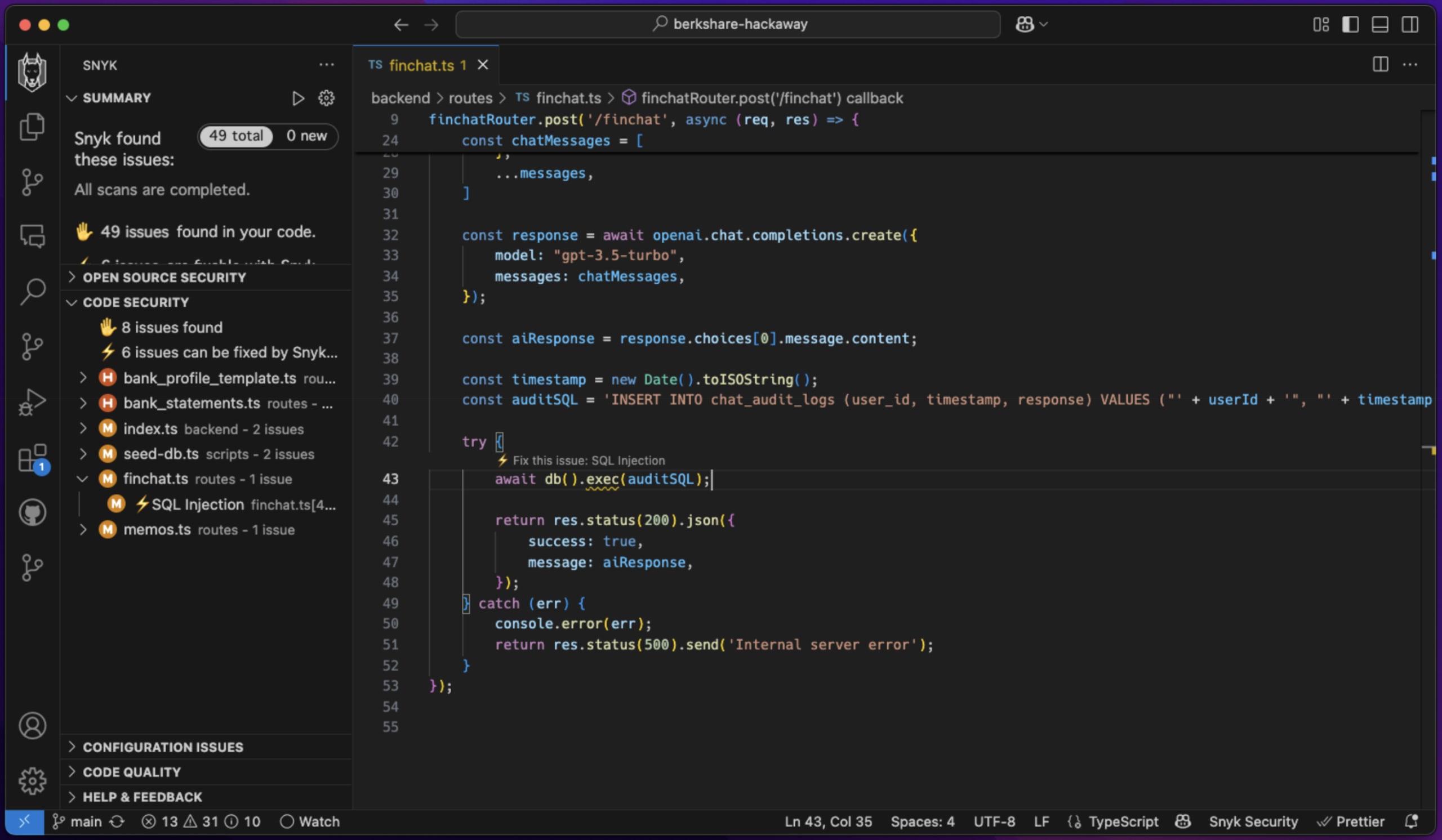 Snyk detects SQL injection due to raw SQL query concatenating untrusted data from the LLM