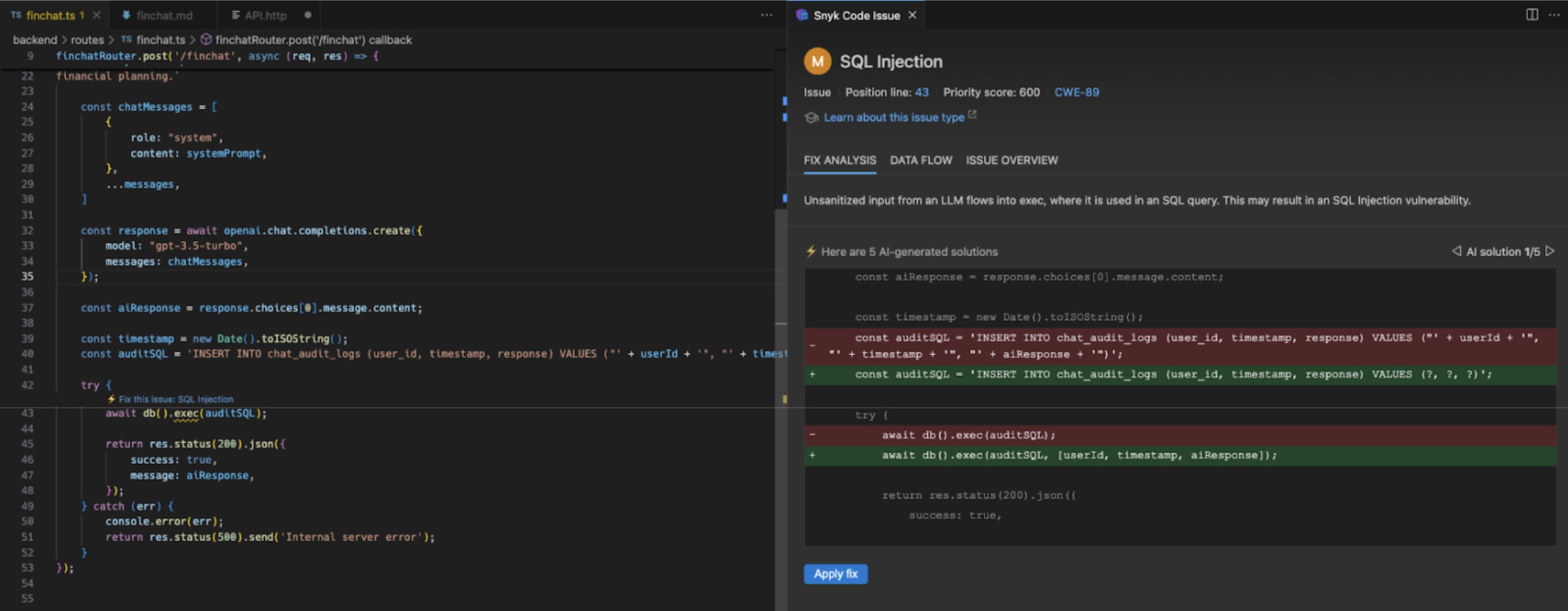 Fixing SQL injection with Snyk DeepCode AI Fix