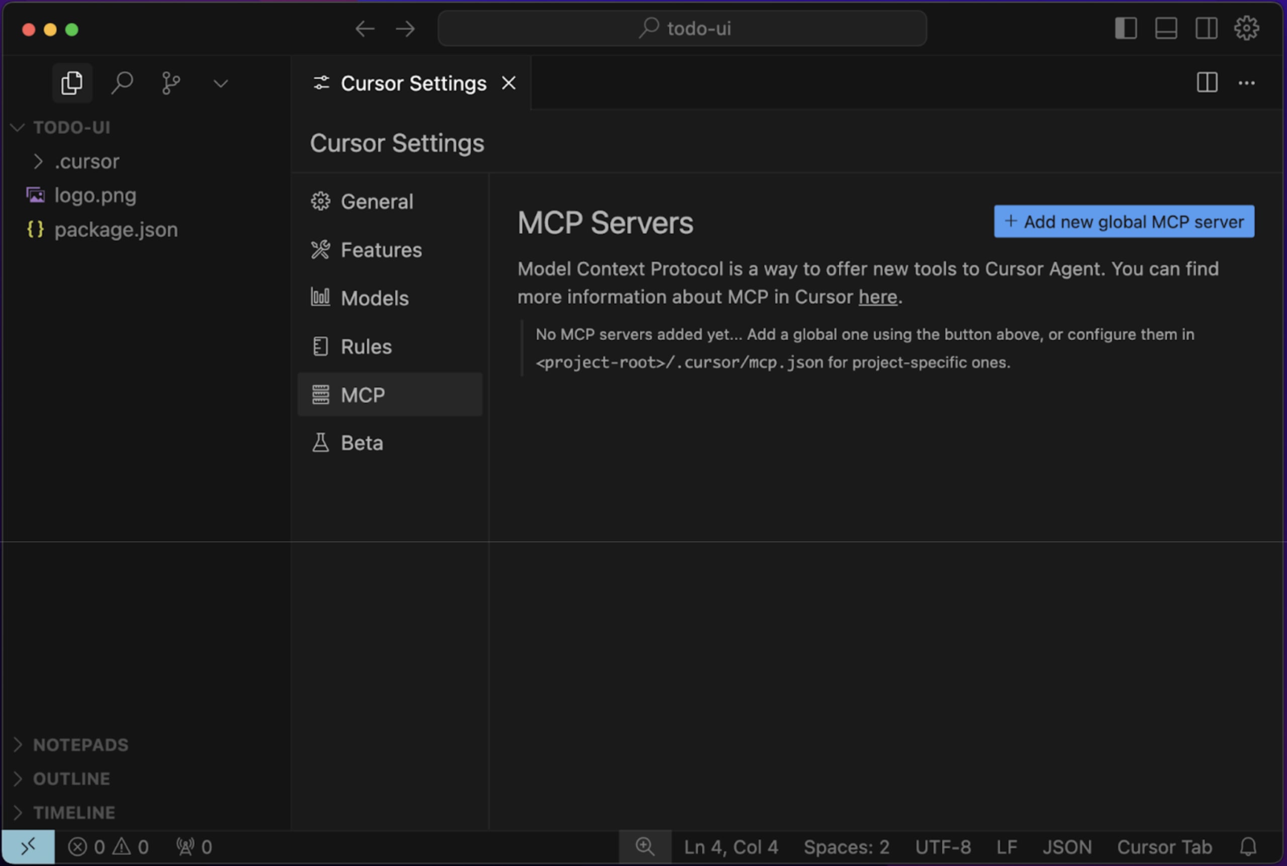 Cursor IDE Settings page to configure MCP Servers and add a new global MCP server or local MCP server