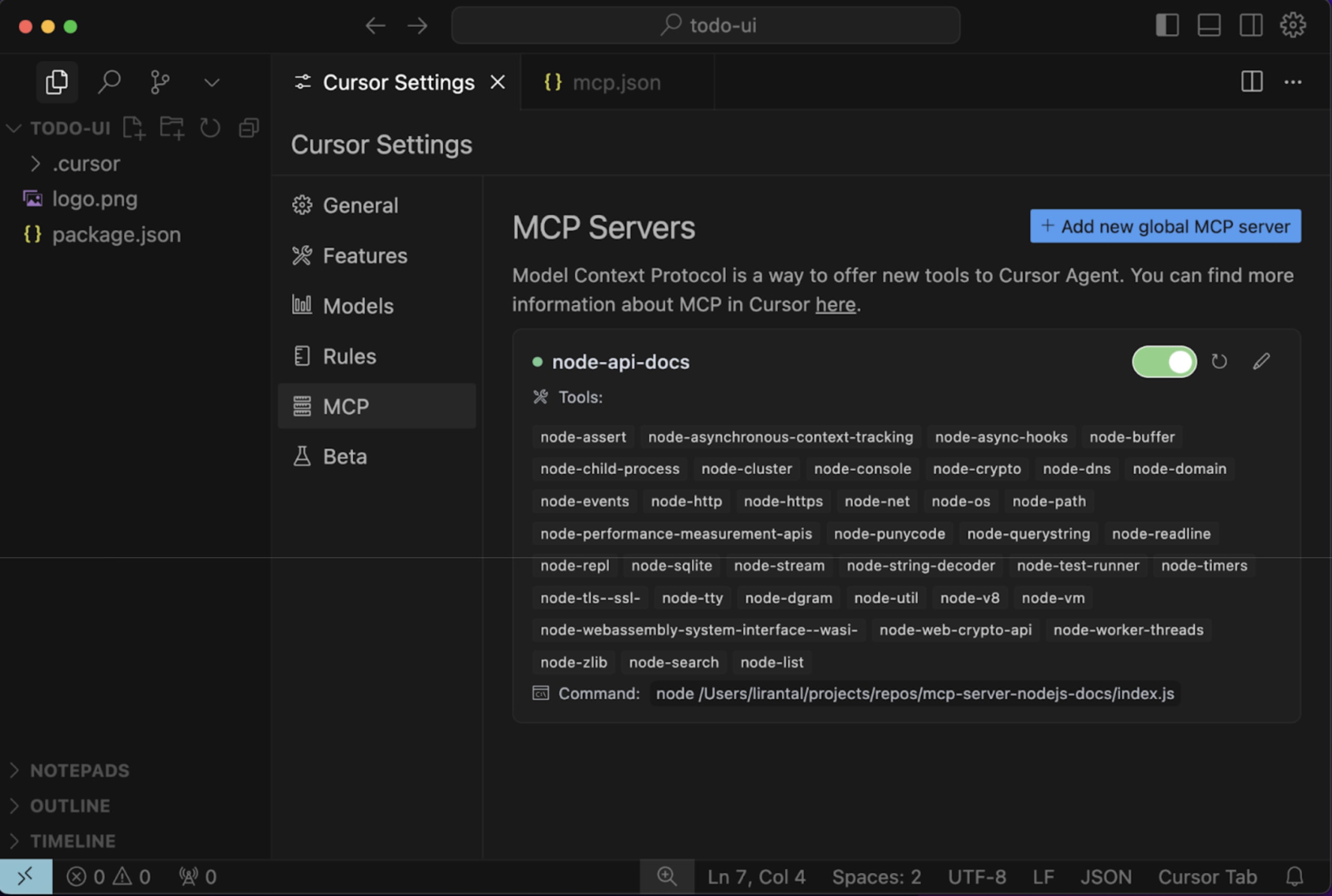 MCP Servers listed in Cursor Settings