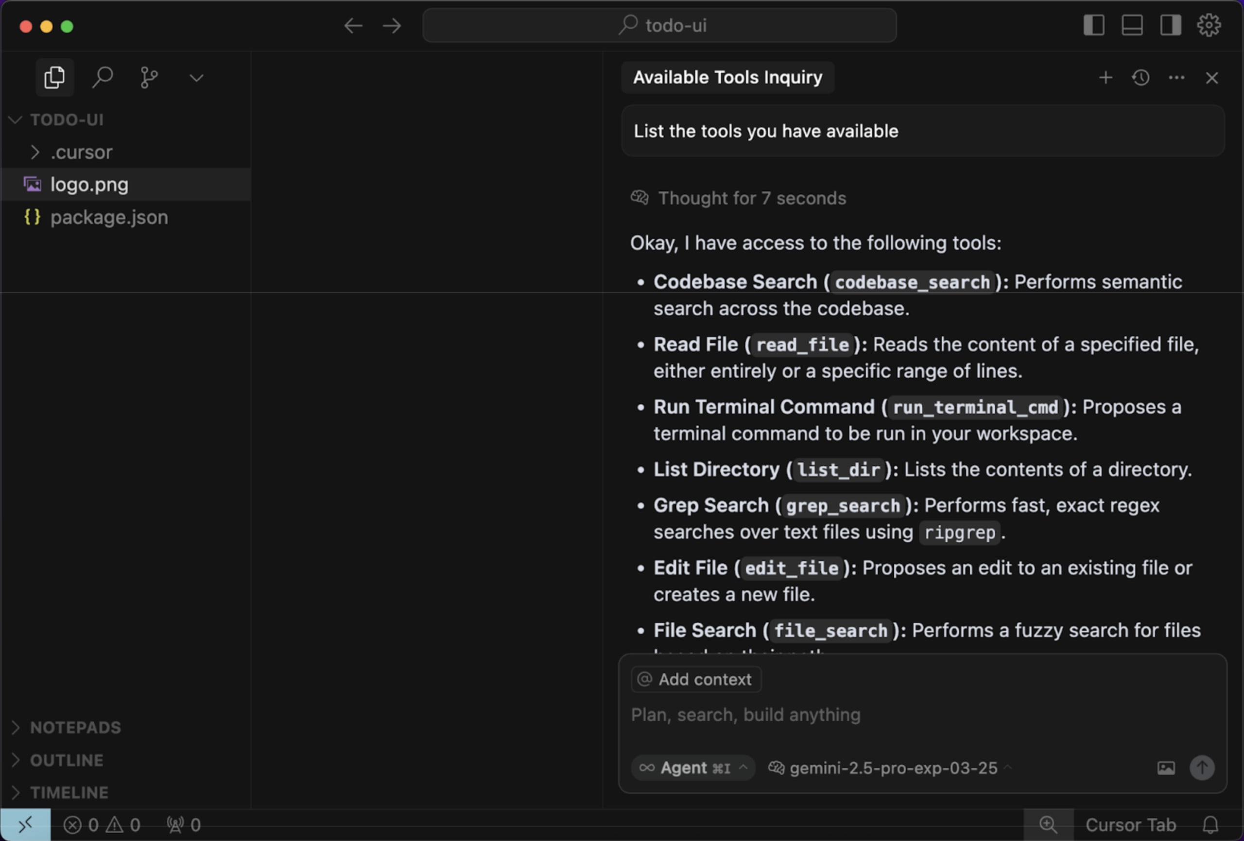 Cursor chat lists all the tools available by its own internal MCP Server and any other MCP server configured