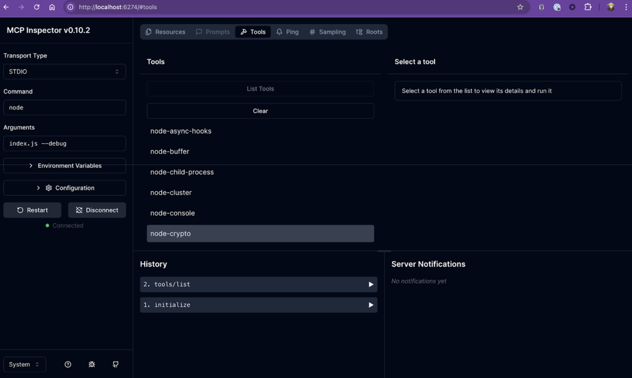 MCP Inspector shows tools definitions for our Node.js API Documentation MCP Server