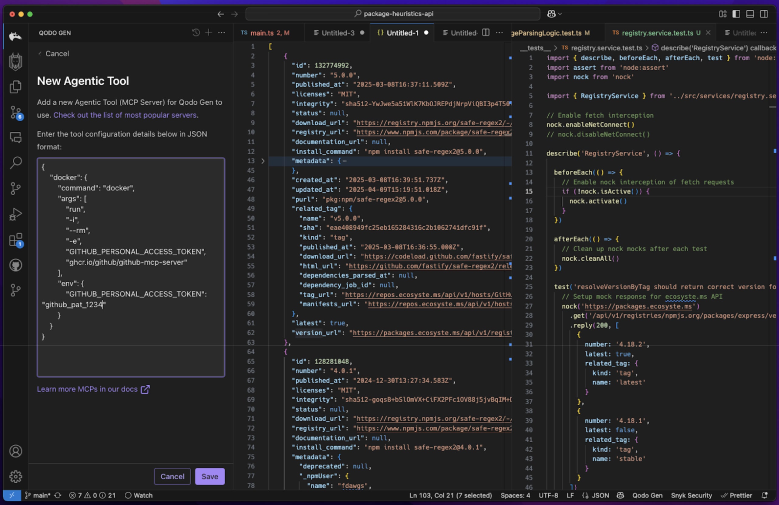Qodo Gen 'New Agentic Tool' view in VS Code with JSON configuration for GitHub MCP Docker setup pasted into the text area.