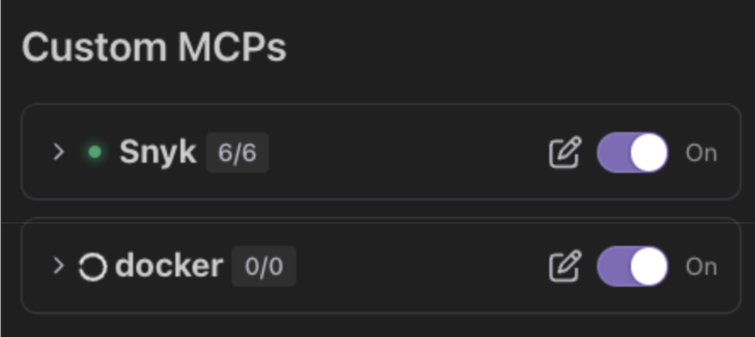 Qodo Gen 'Custom MCPs' list showing a 'Snyk' tool and a 'docker' tool, both toggled on.