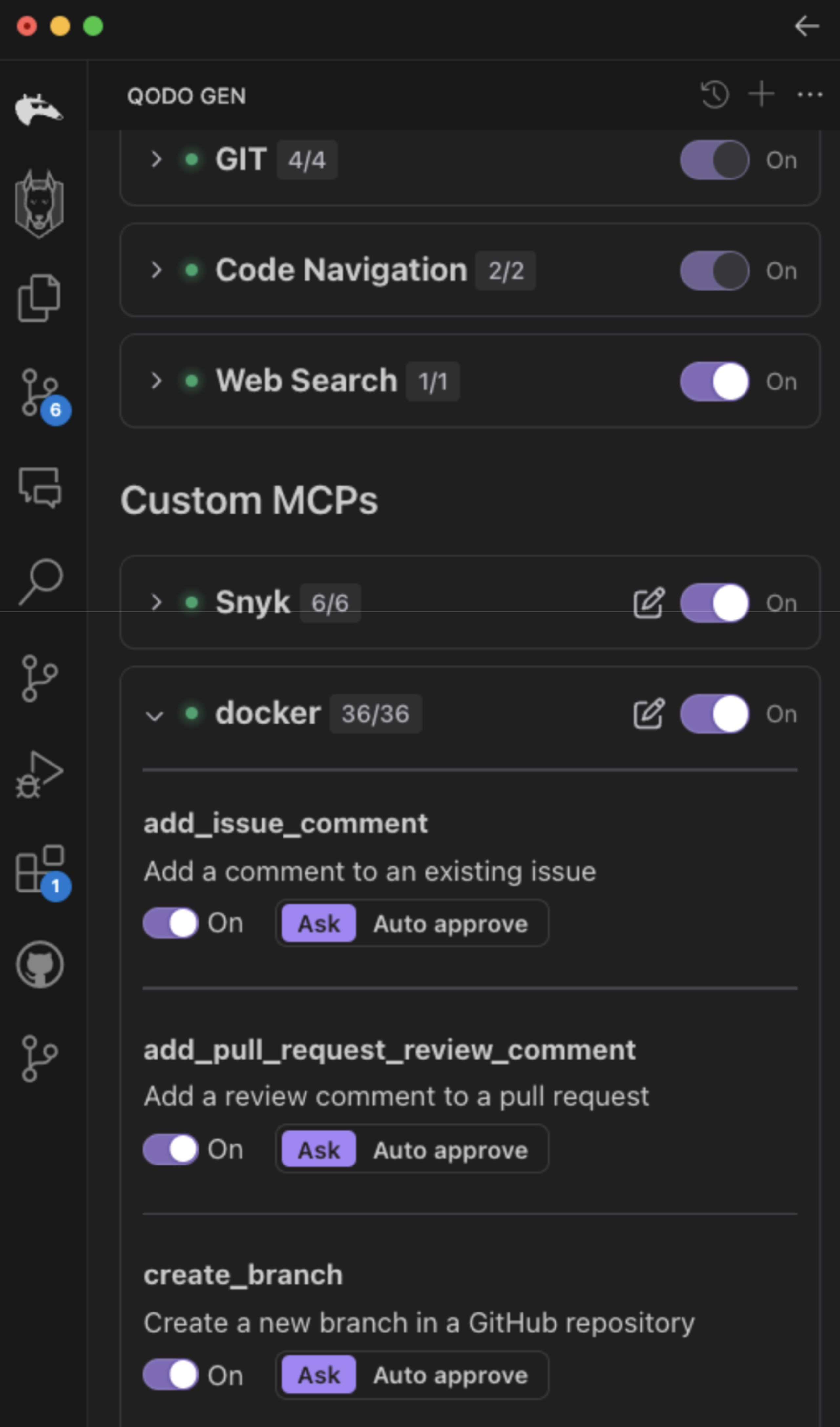 Qodo Gen interface showing the 'docker' MCP (GitHub server) expanded, listing available tools like 'add_issue_comment' and 'create_branch'