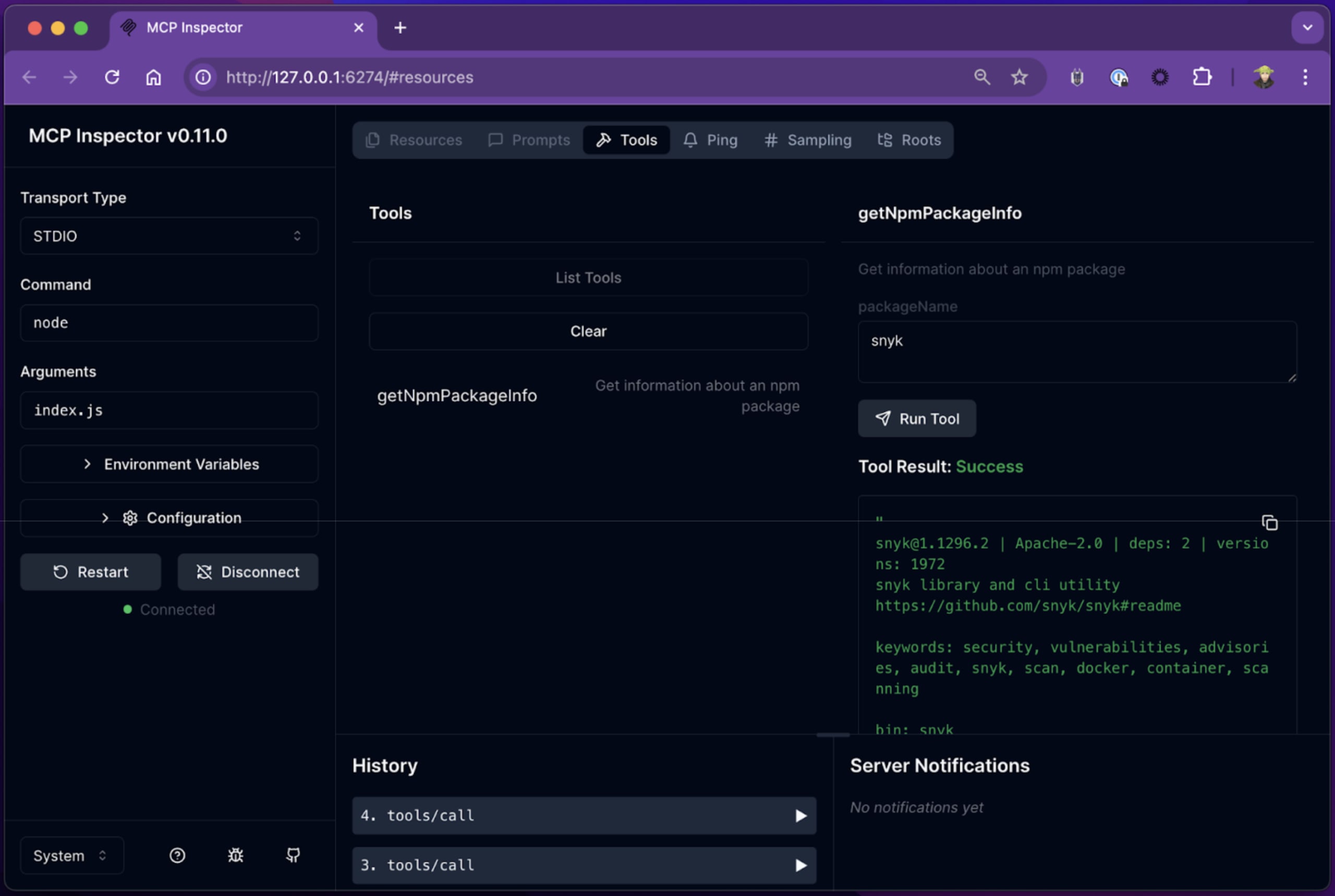 MCP Inspector web interface showing tool call with parameter results