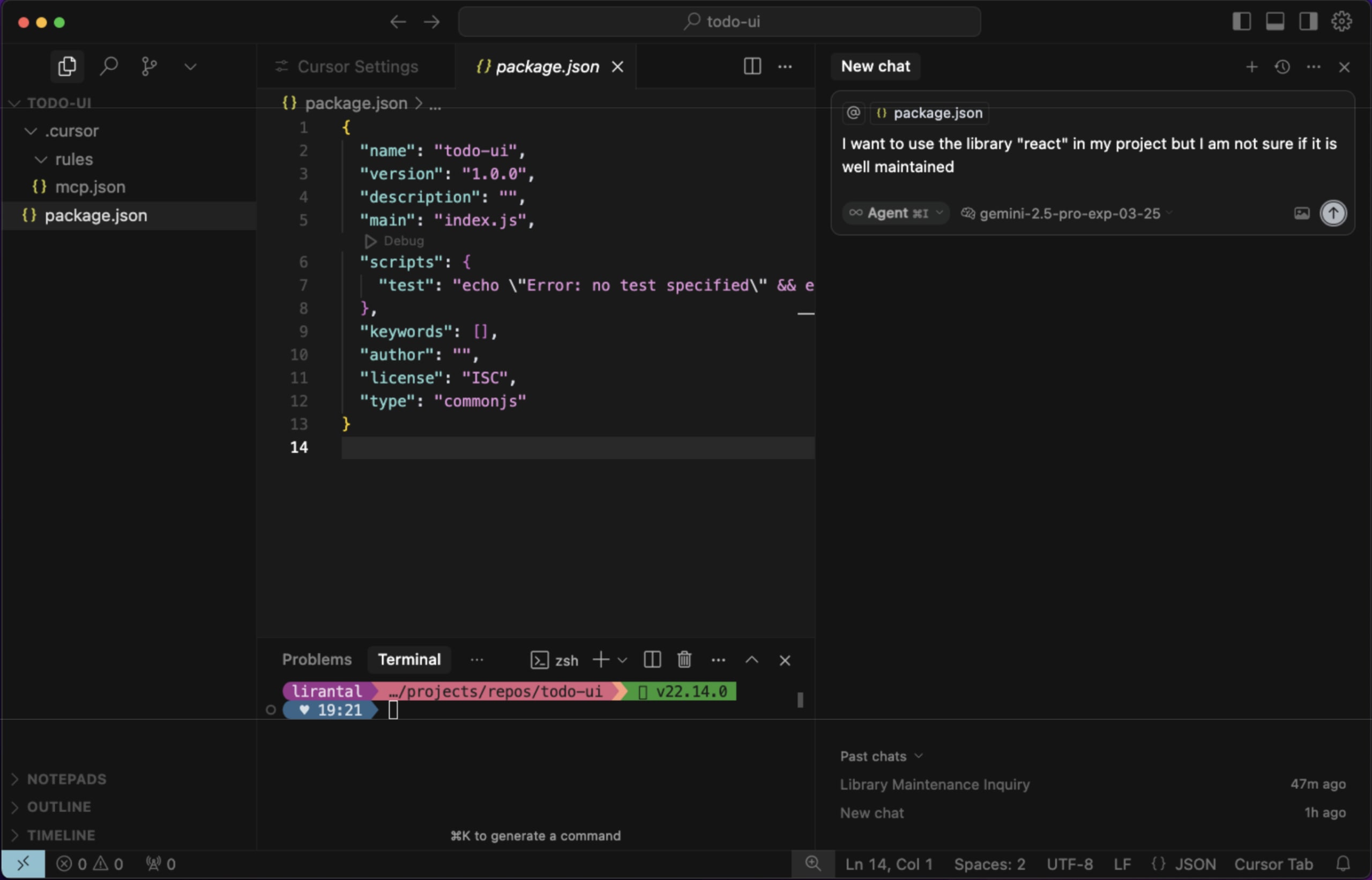 Screenshot of a developer's IDE showing a package.json file, terminal, and an AI chat asking about the 'react' library.