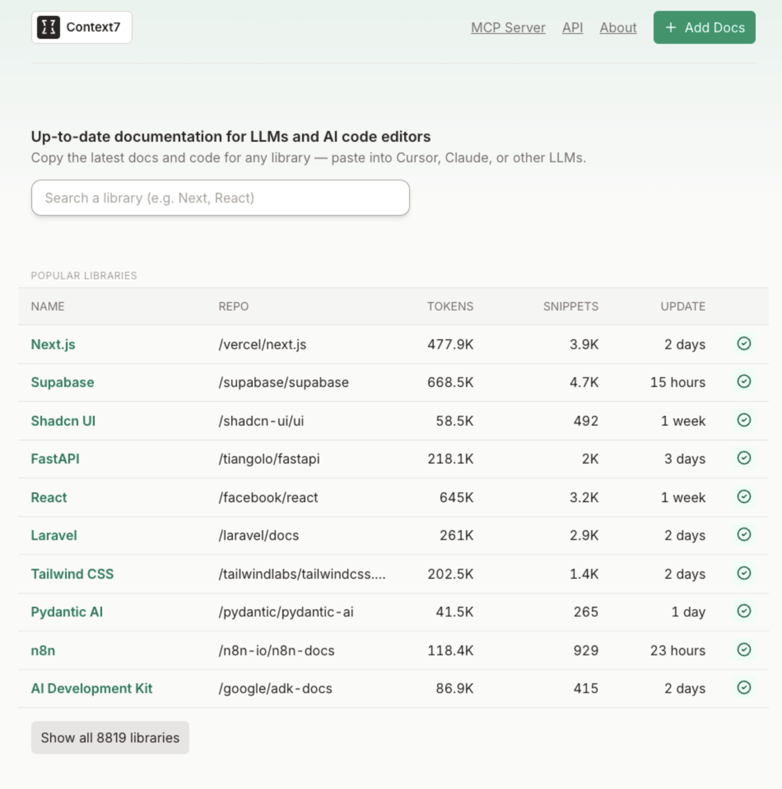 Context7 from Upstash creators provides MCP Server for third-party open source libraries API documentation for LLMs and AI.
