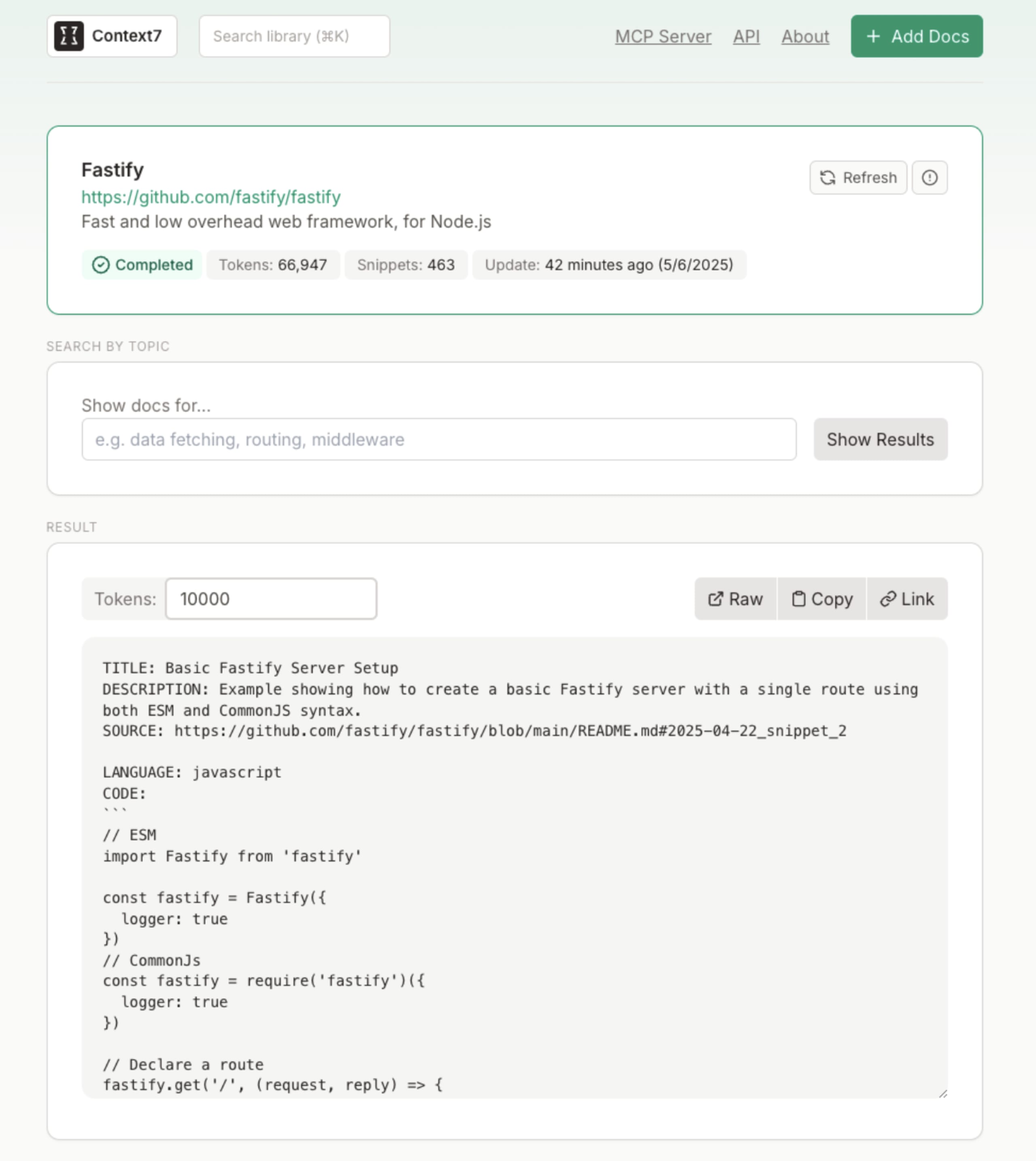 Context7 Fastify API documentation page