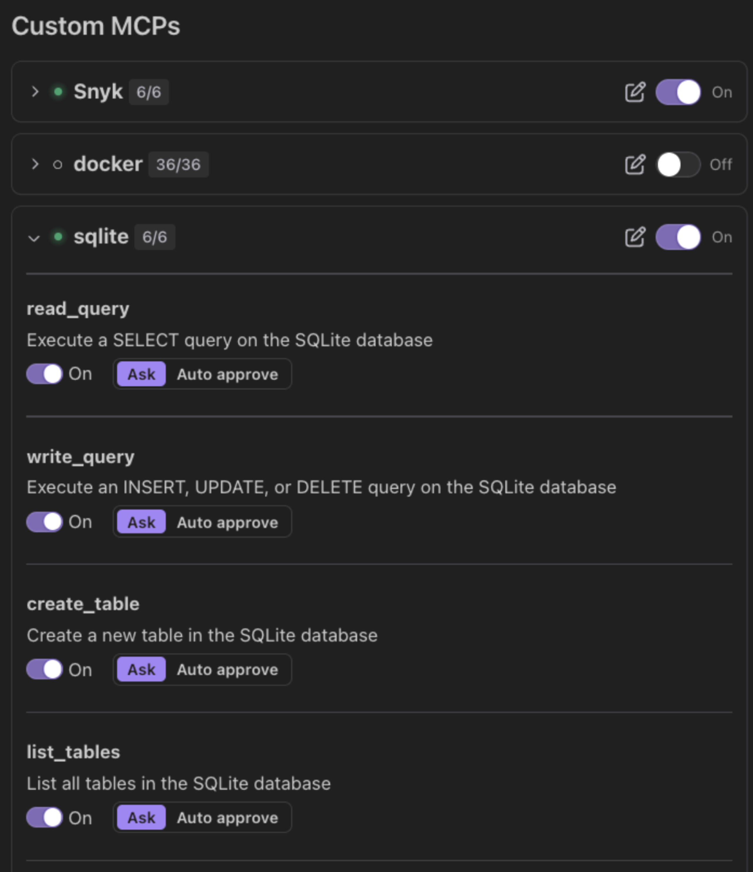 SQLite MCP Server added as Custom MCP to Qodo Gen extension on VS Code