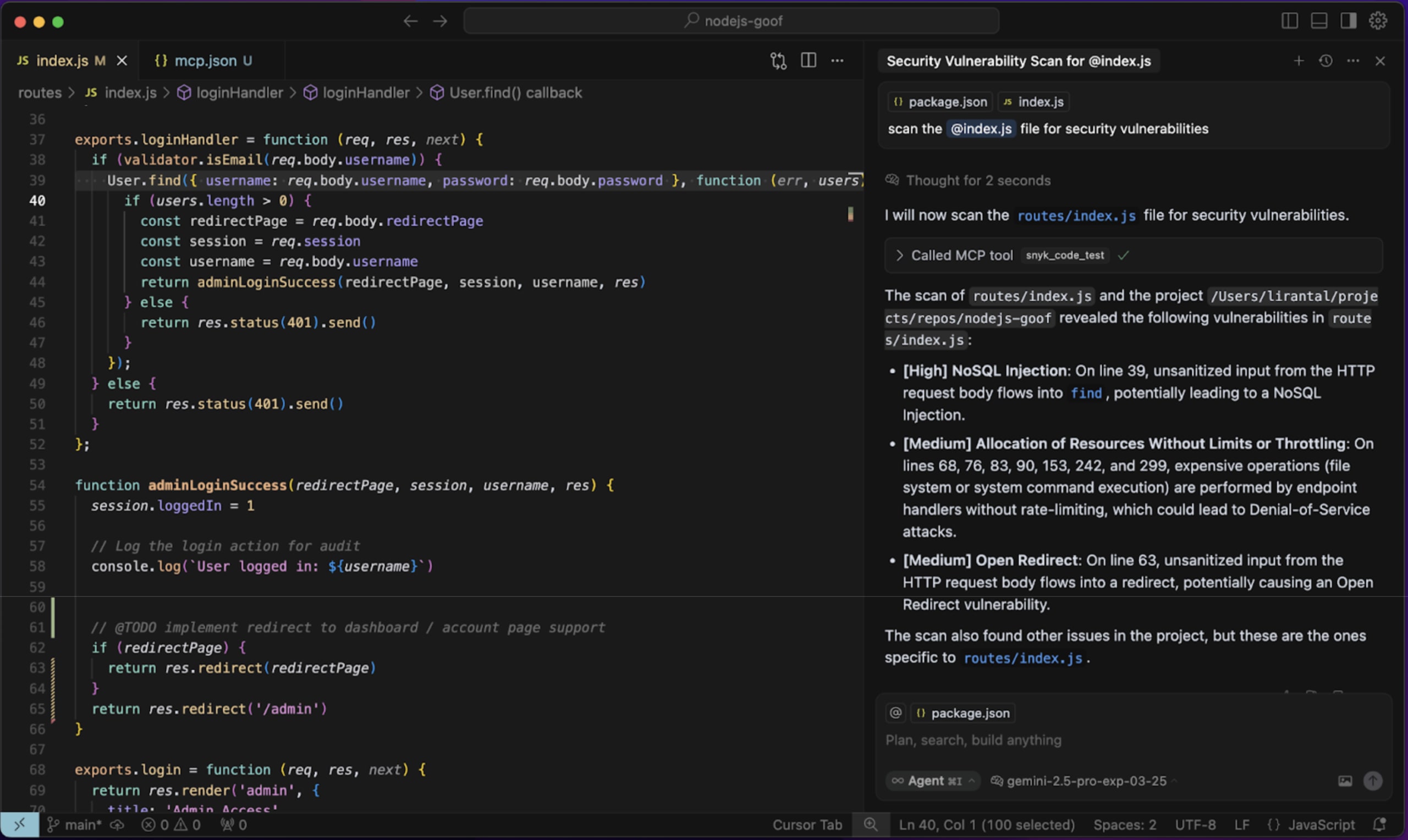 Cursor agentic mode uses Snyk CLI MCP Server to scan and find vulnerable third-party dependencies and insecure code such as a NoSQL injection flaw in an Express route handler.
