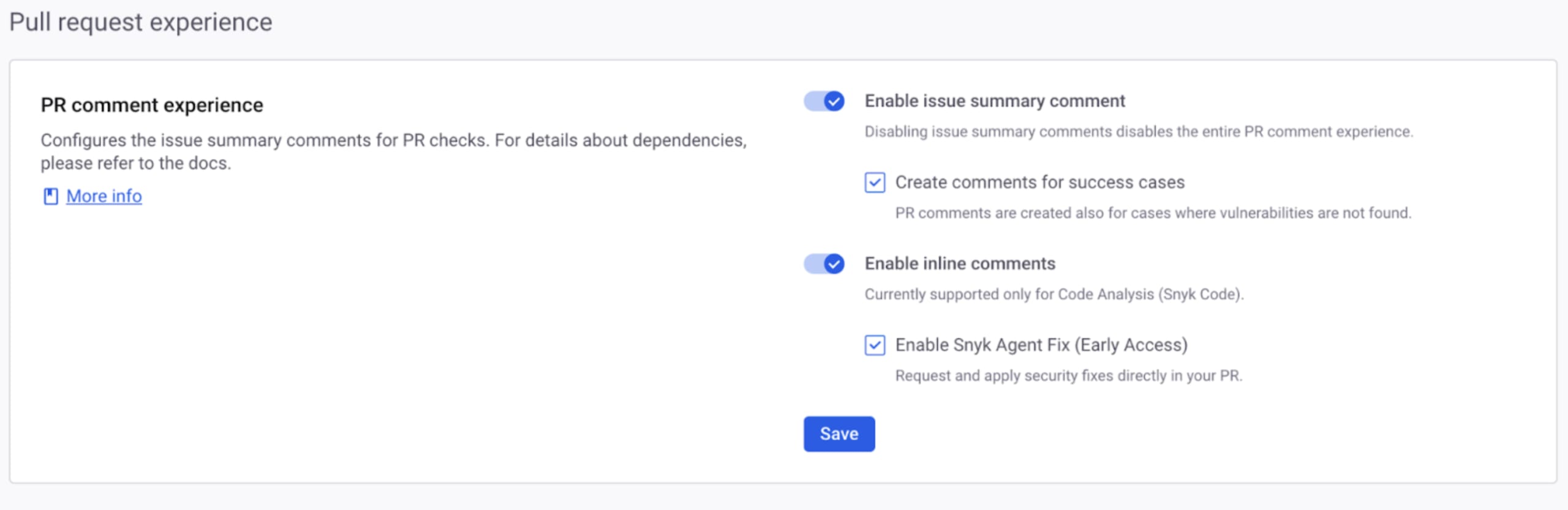 Snyk settings for "Pull request experience with features enabled