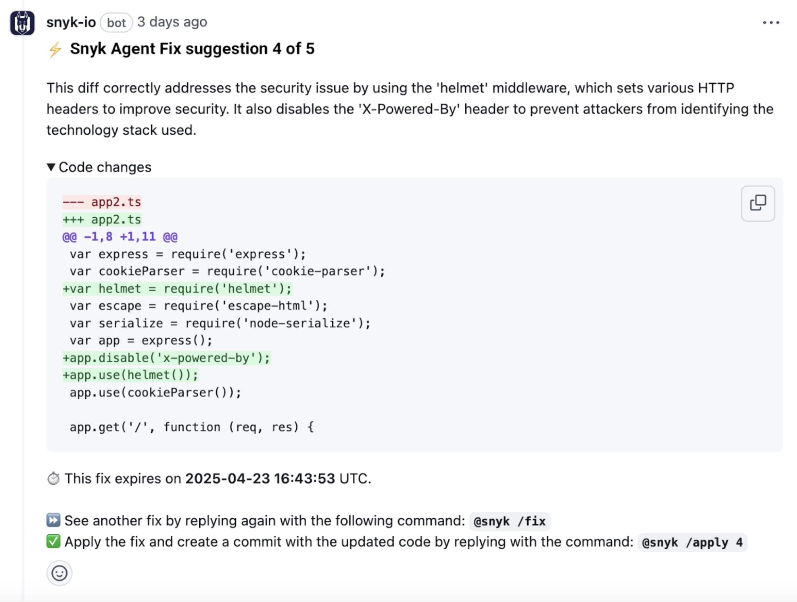 GitHub pull request comment from 'snyk-io bot' showing a Snyk Agent Fix suggestion (4 of 5) to address a security issue by adding 'helmet' middleware and disabling the 'X-Powered-By' header, along with code changes and instructions for applying the fix.