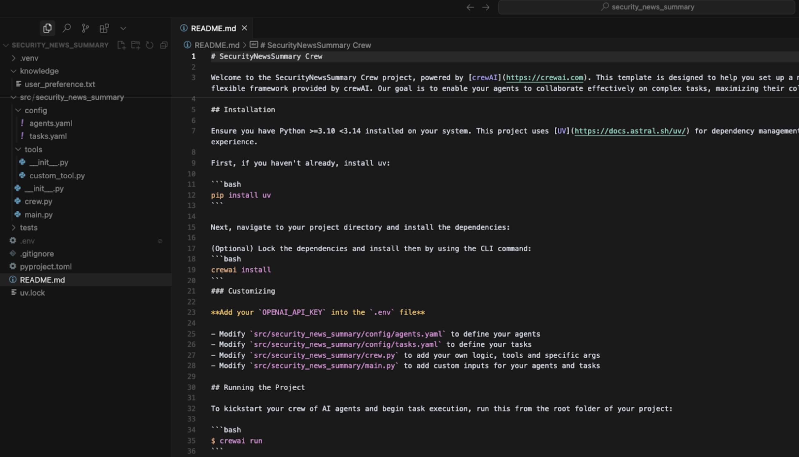 CrewAI project directory structure for an AI agent