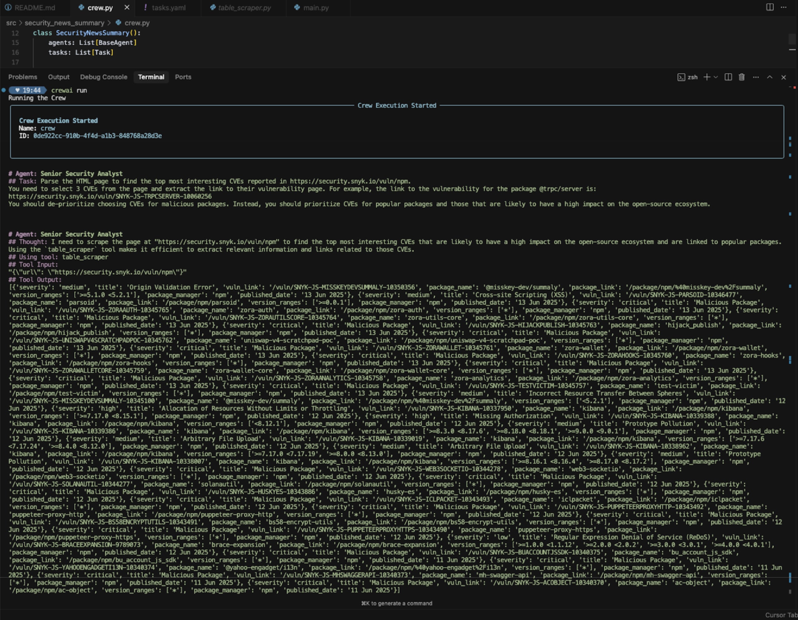 CrewAI executing AI agents