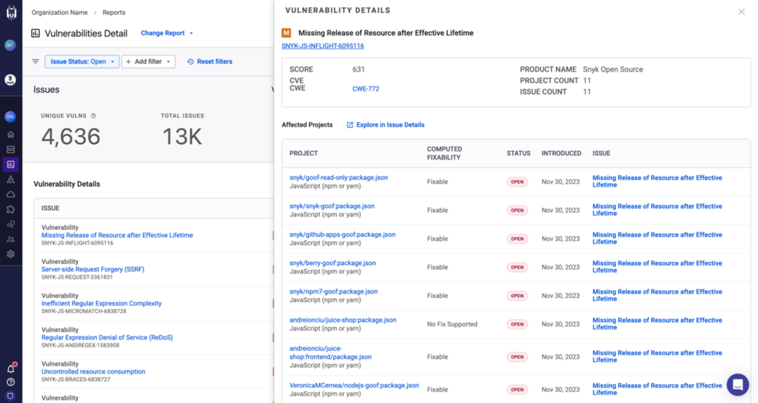 Details of a vulnerability include vulnerability score, linked CVE or CWE, and affected projects