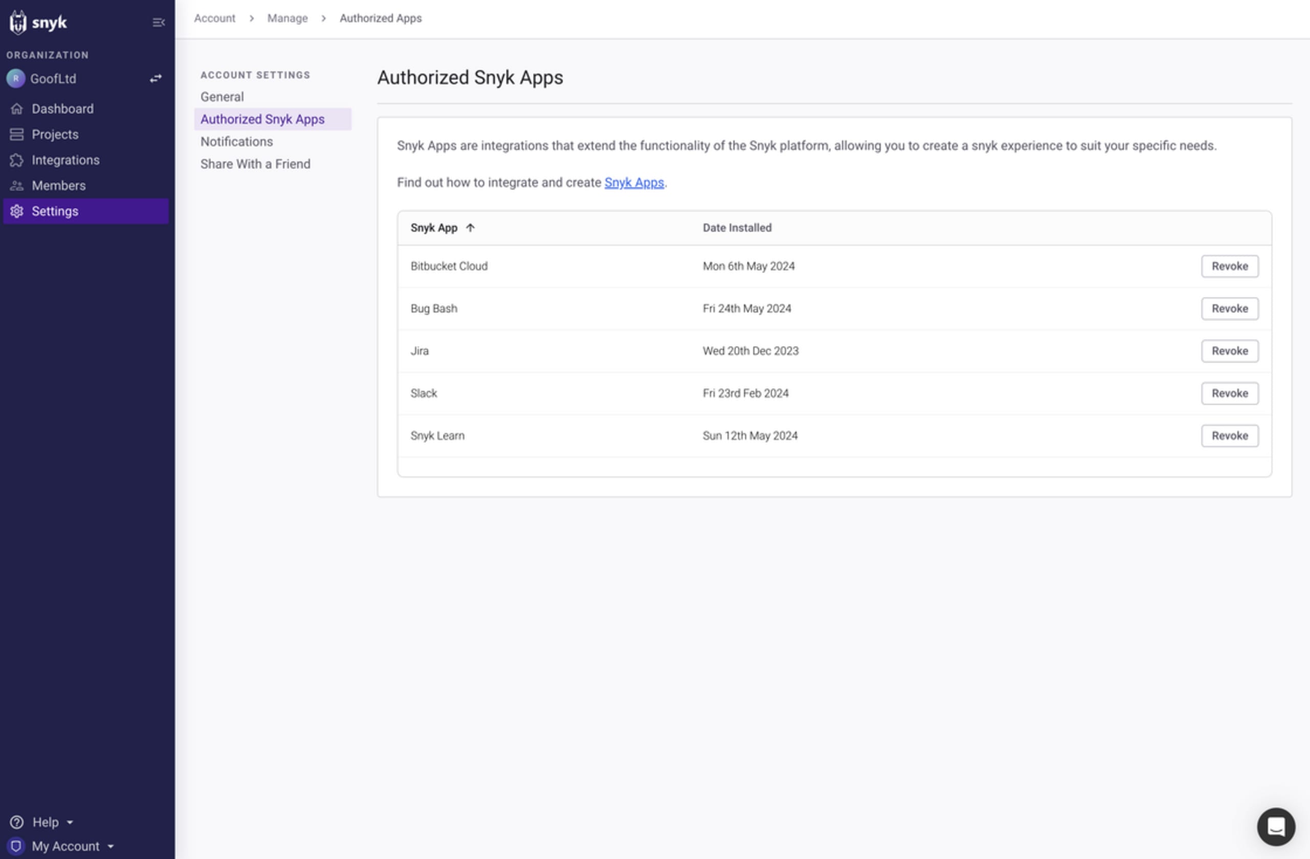 A list of authorized Snyk apps. It shows the name of the app, and when it was installed. There is a Revoke button for each app.