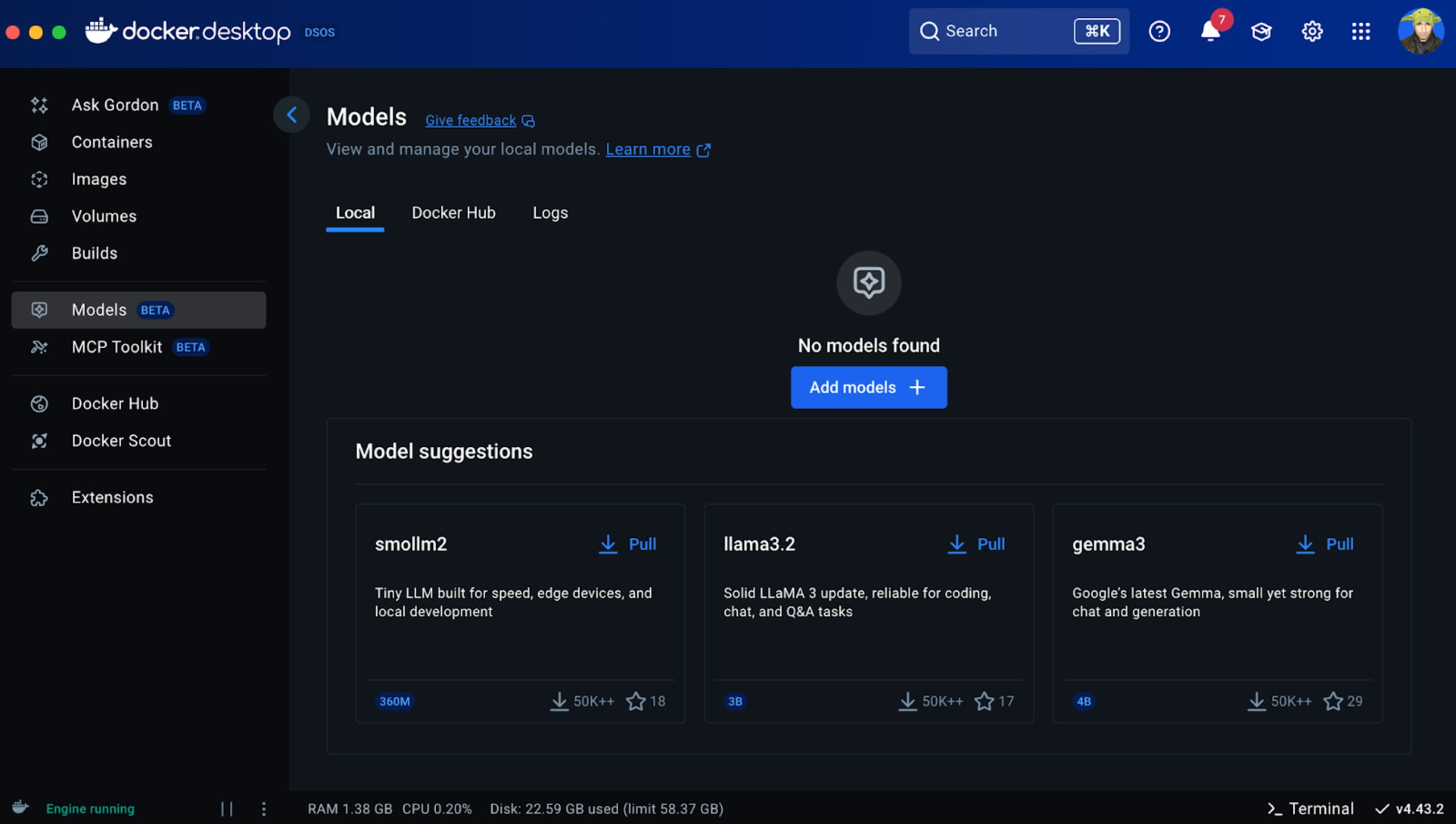 Docker Desktop dashboard shows all model runner supported models to pull in the CLI.