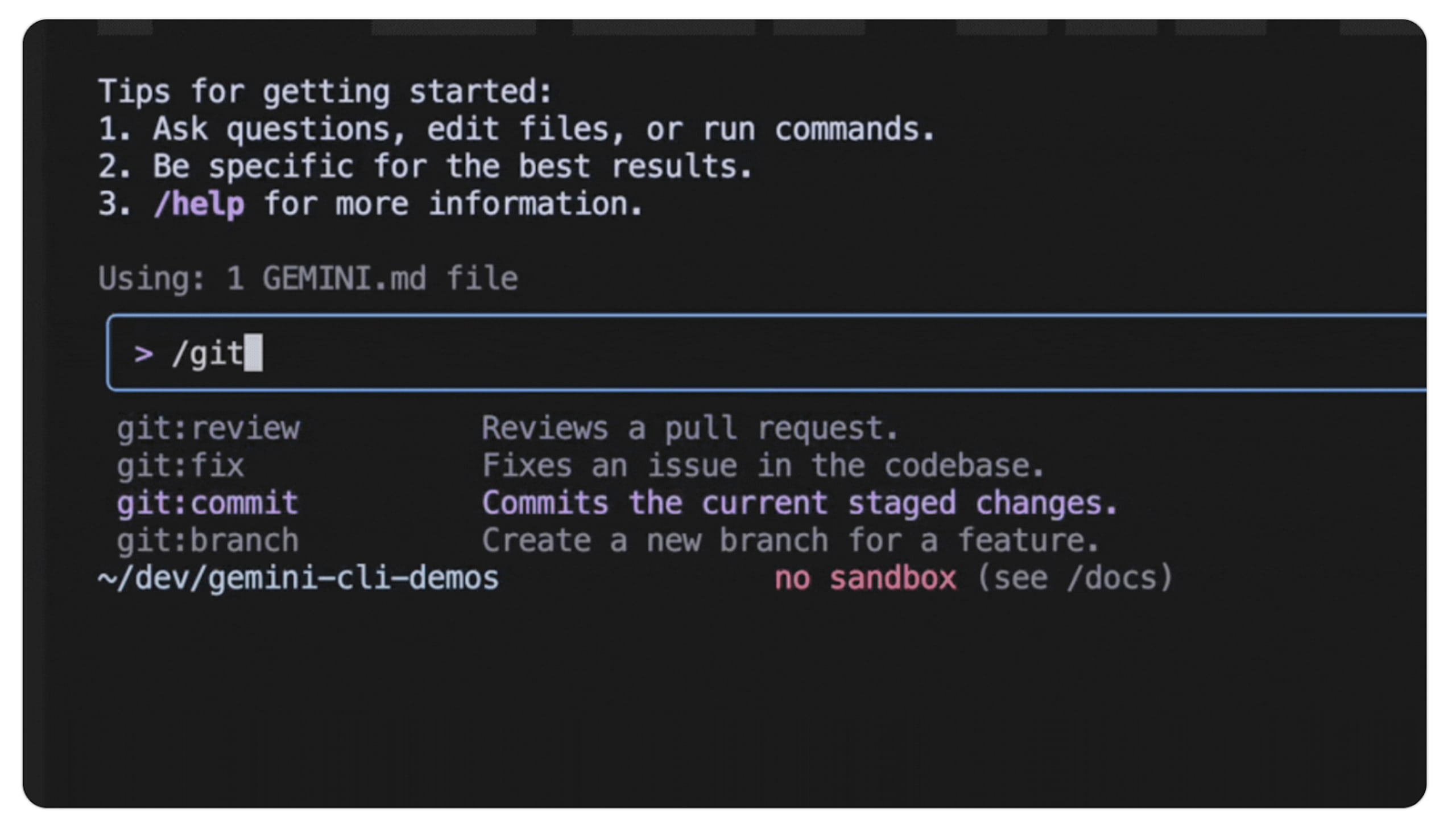 Gemini CLI showing custom `/git` commands such as `git:review` and others, as demonstrated by the Google blog.