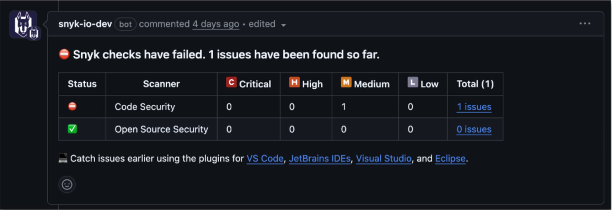 Summary content table with columns for Status, Scanner, Critical, High, Medium, Low, and Total vulnerabilities