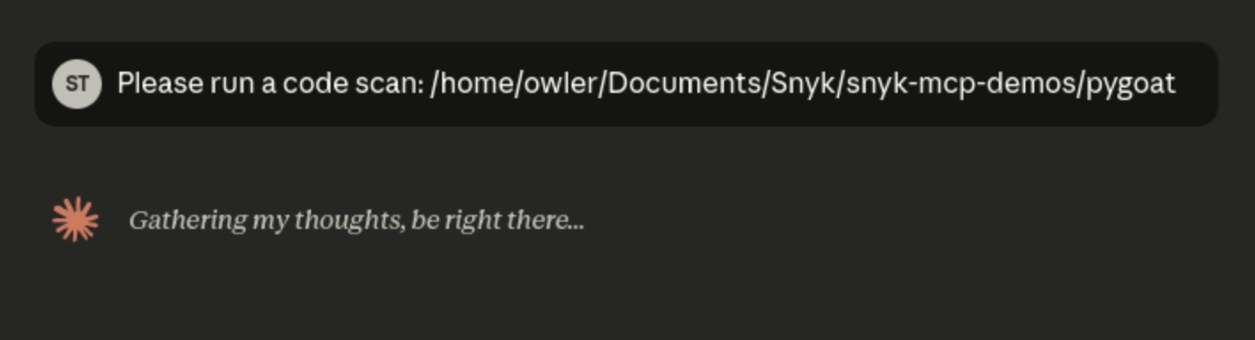 Asking Claude to run a code scan with the Official Snyk MCP Server in Claude Desktop.