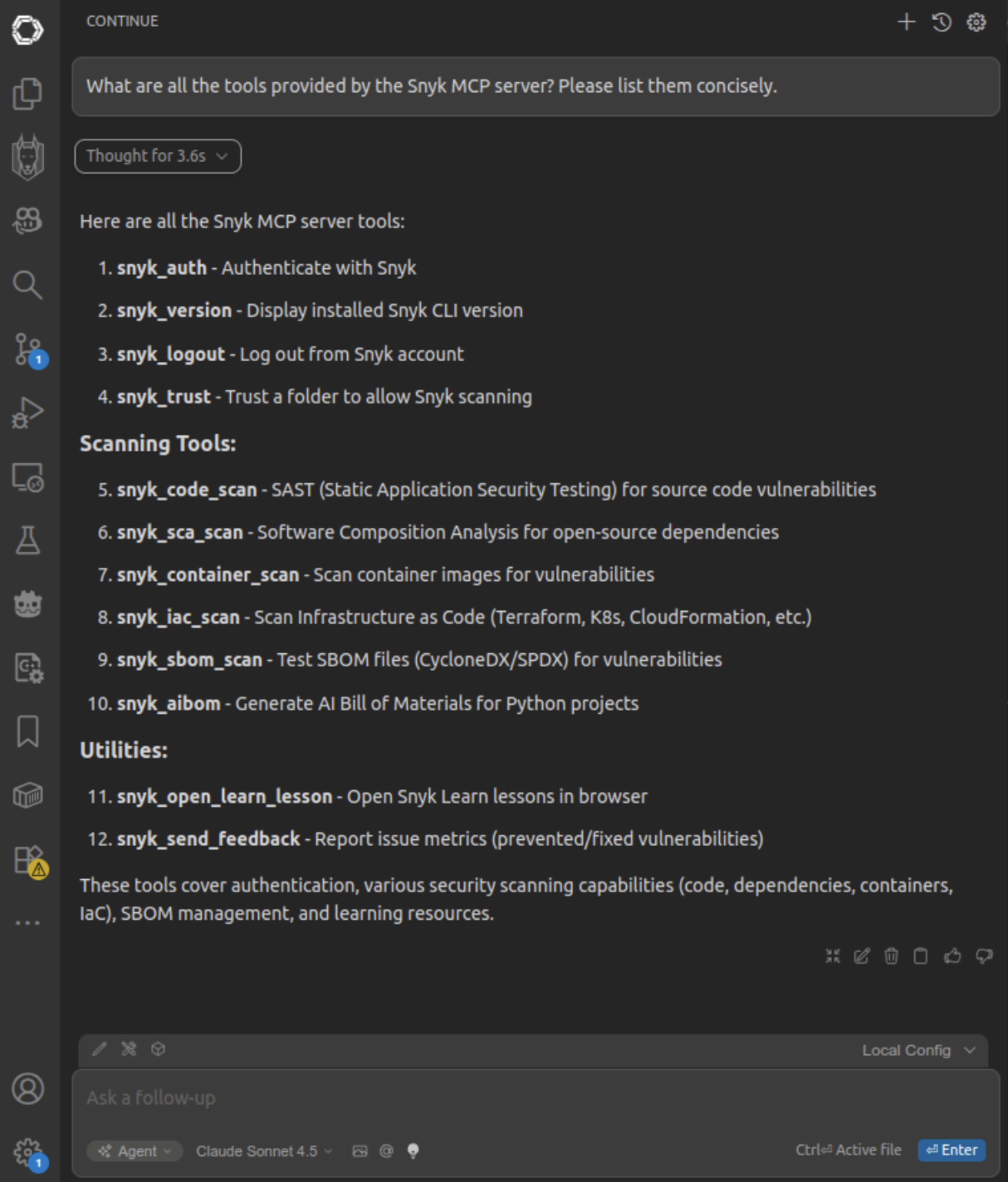 A Continue Agent chat showing the tools exposed by the Snyk MCP server.