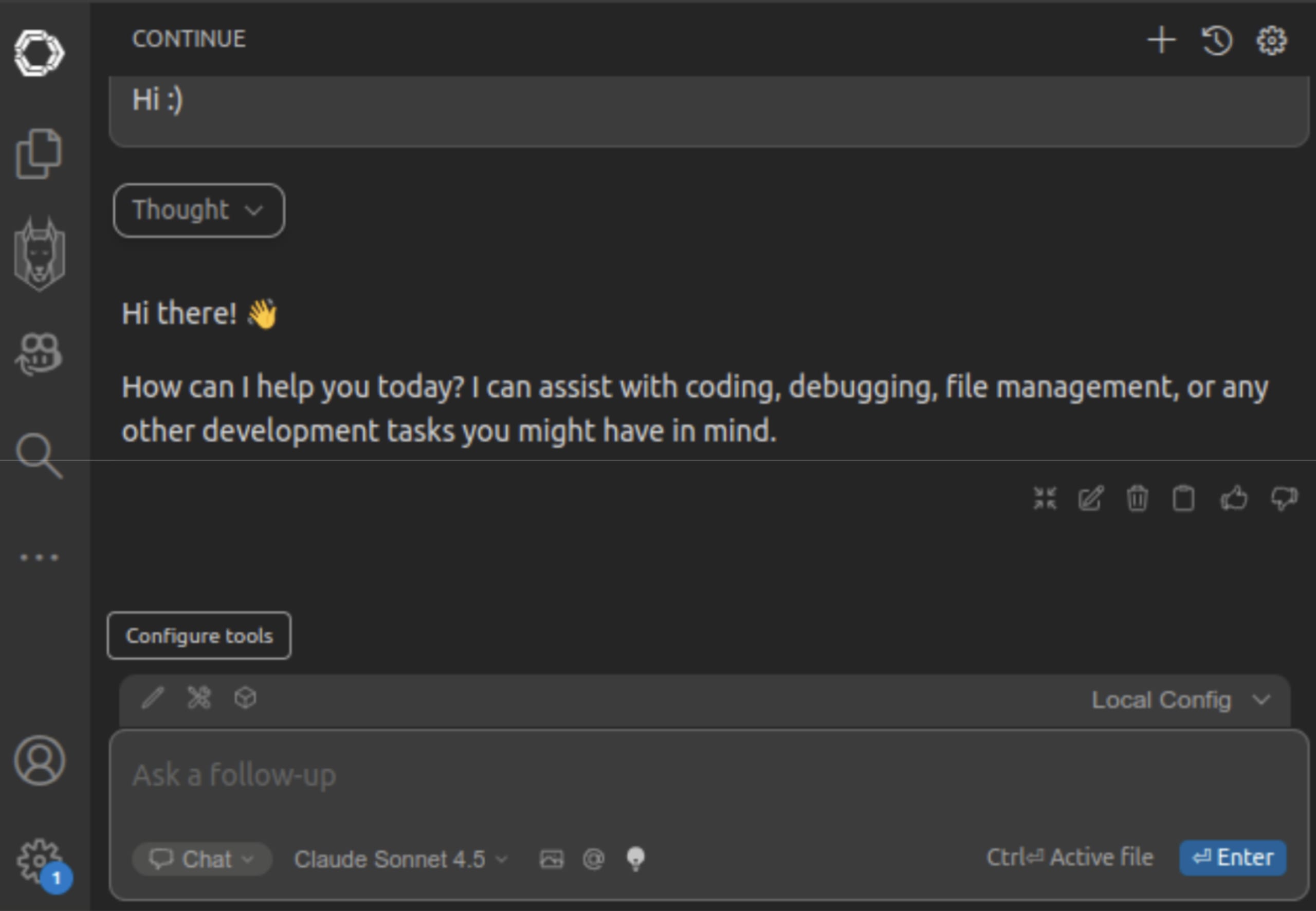 Hovering over the ‘Configure tools’ button, at the top of the user-input text box.