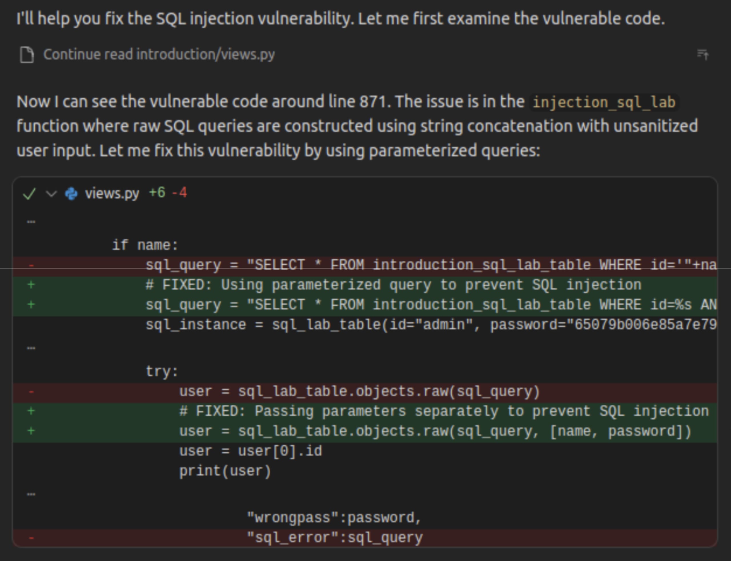 Continue applies a fix to the SQL Injection vulnerability using a parameterized query approach