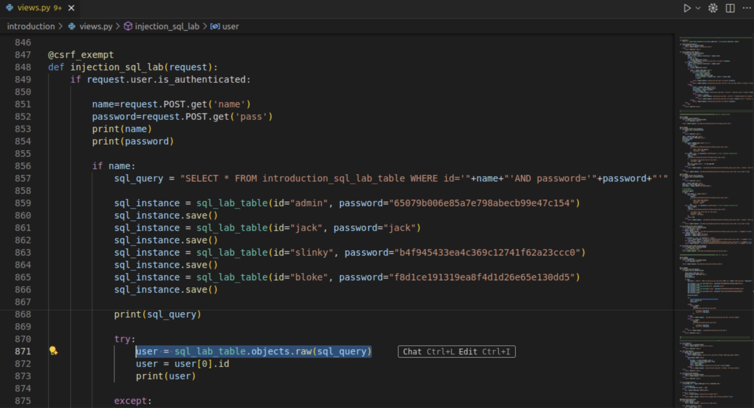 SQL Injection vulnerability in views.py in VS Code.