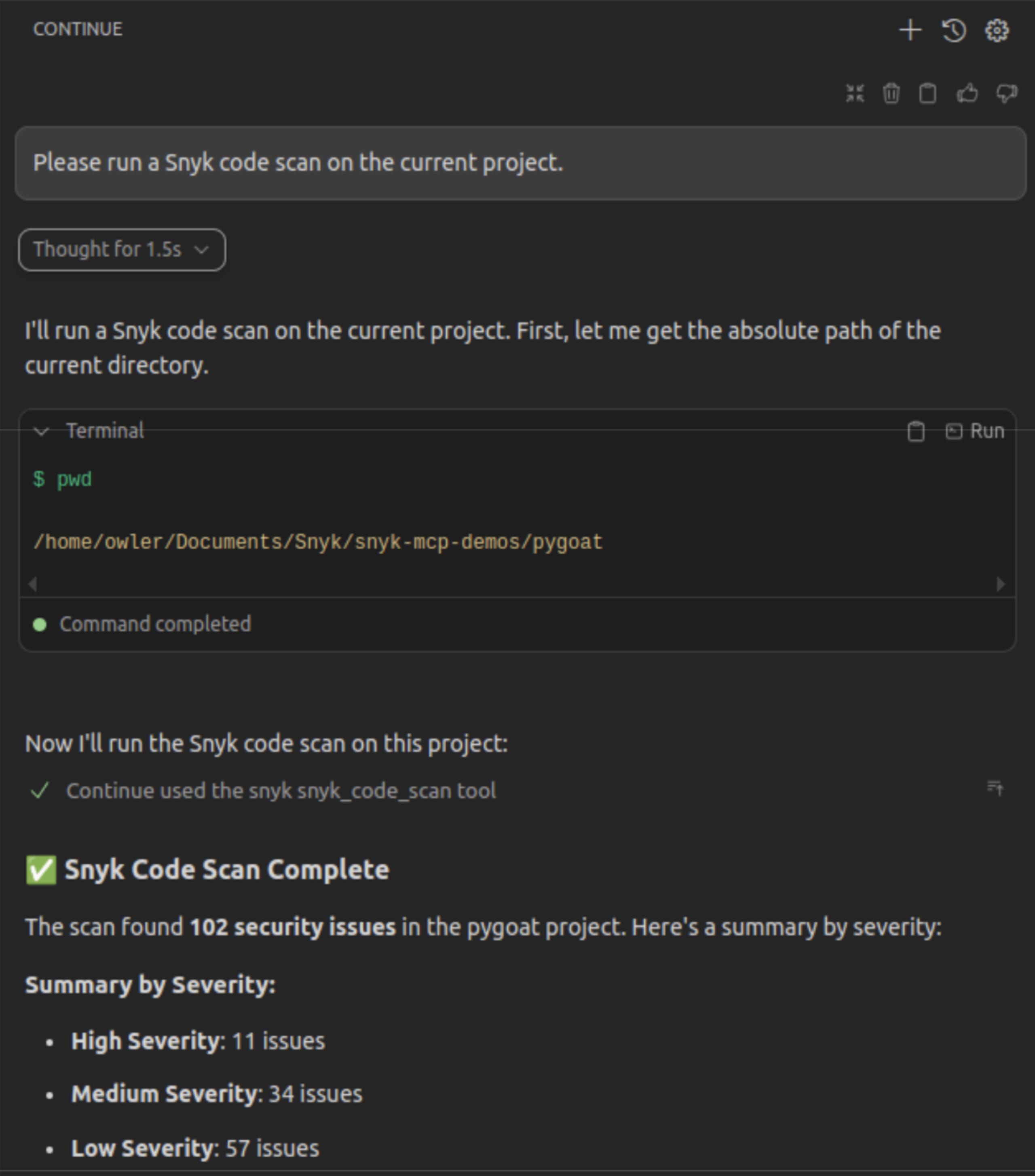 Continue chat showing full Snyk scan results with vulnerability breakdown