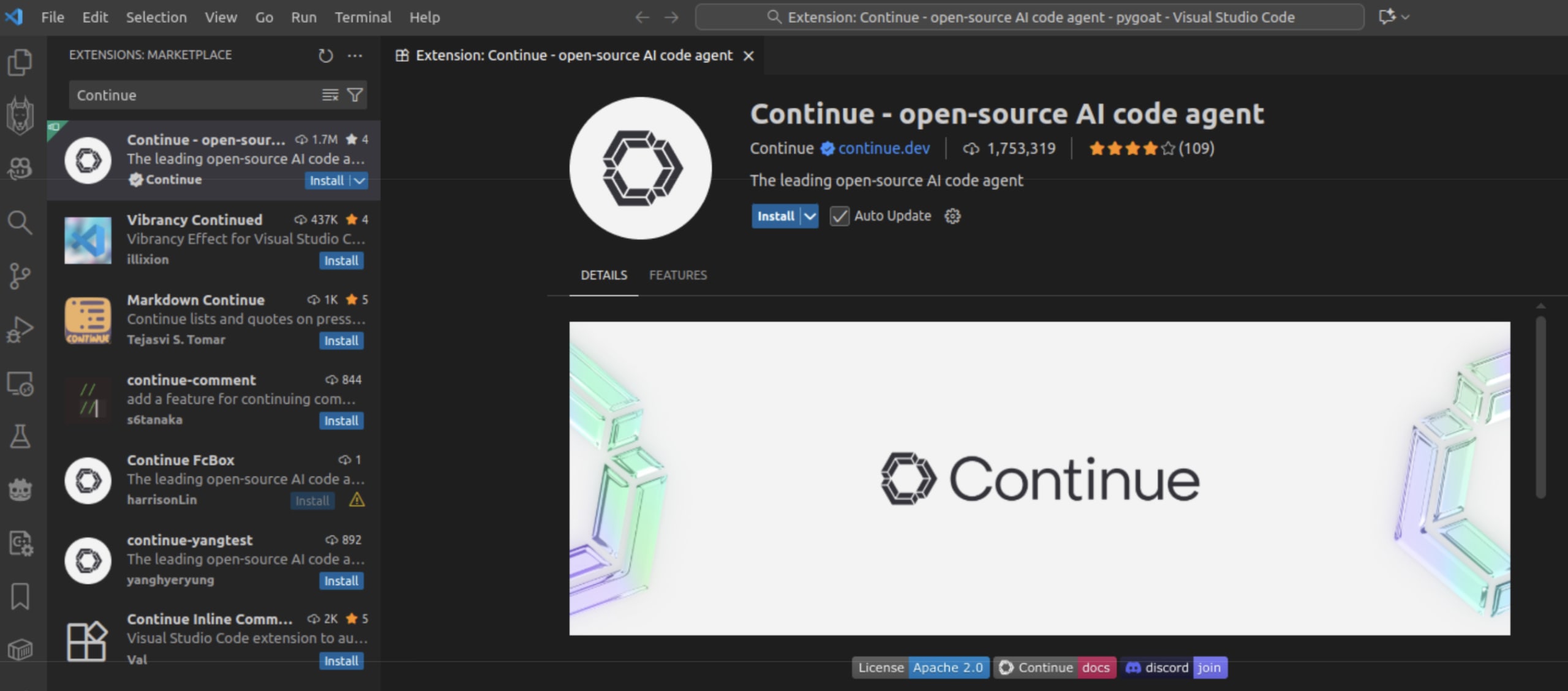 VS Code with Continue extension installed, showing the Continue icon