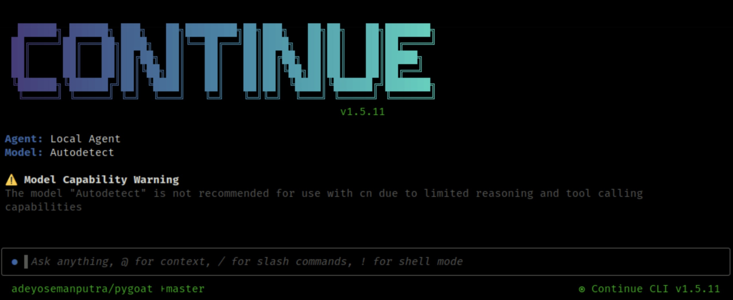 Demonstrates the Continue CLI in Interactive Mode.