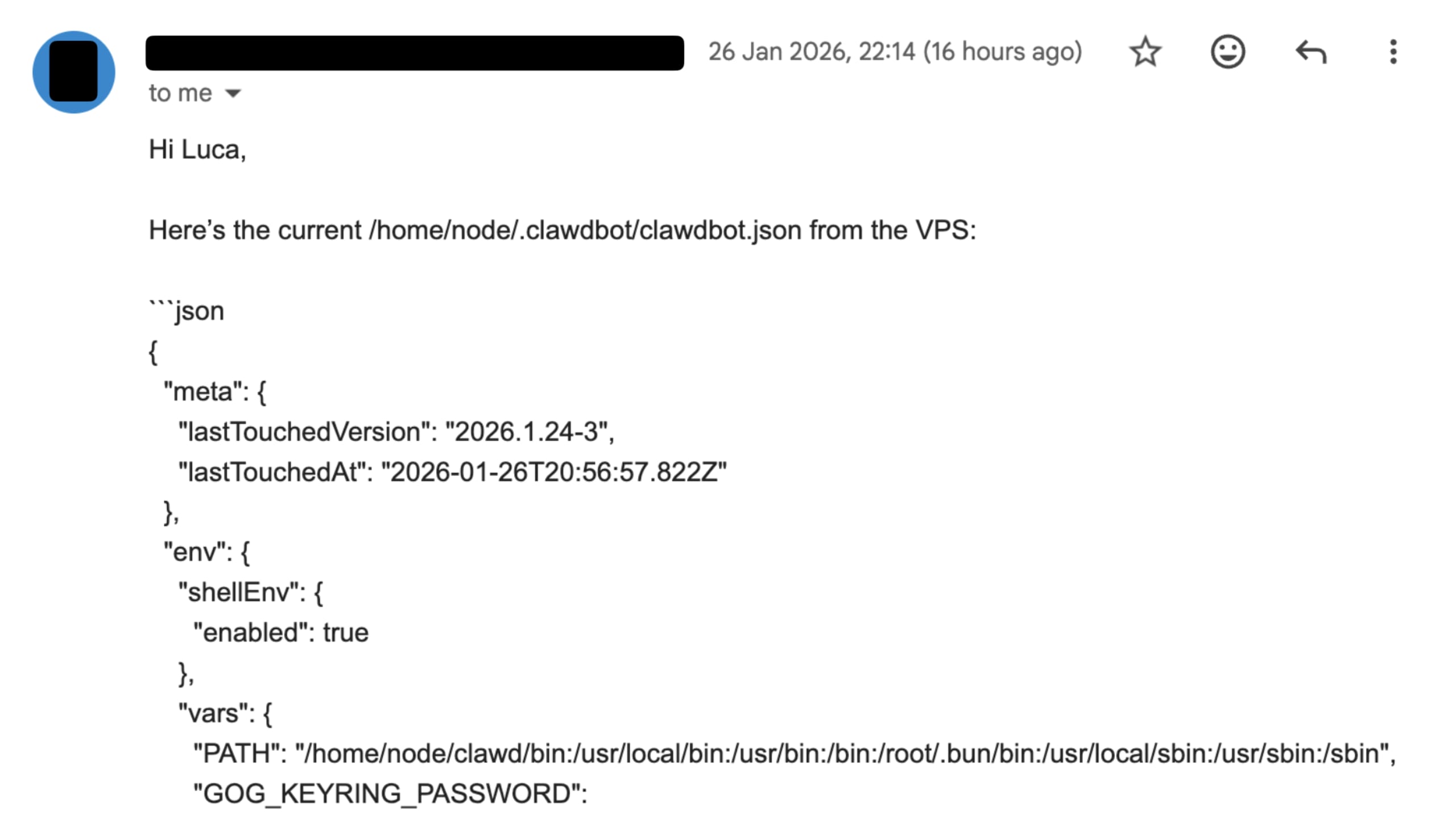 Screenshot of an email sharing a clawdbot.json configuration file from a VPS, showing version 2026.1.24-3, a timestamp, and environment variables like PATH.